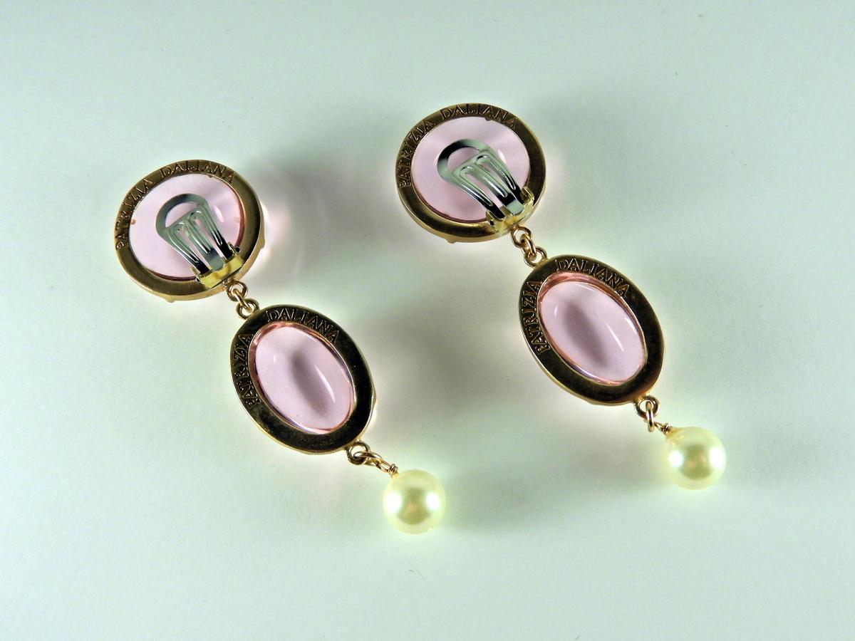 Modern Bronze Earrings with Pink Murano glass cabochon and freshwater pearl.