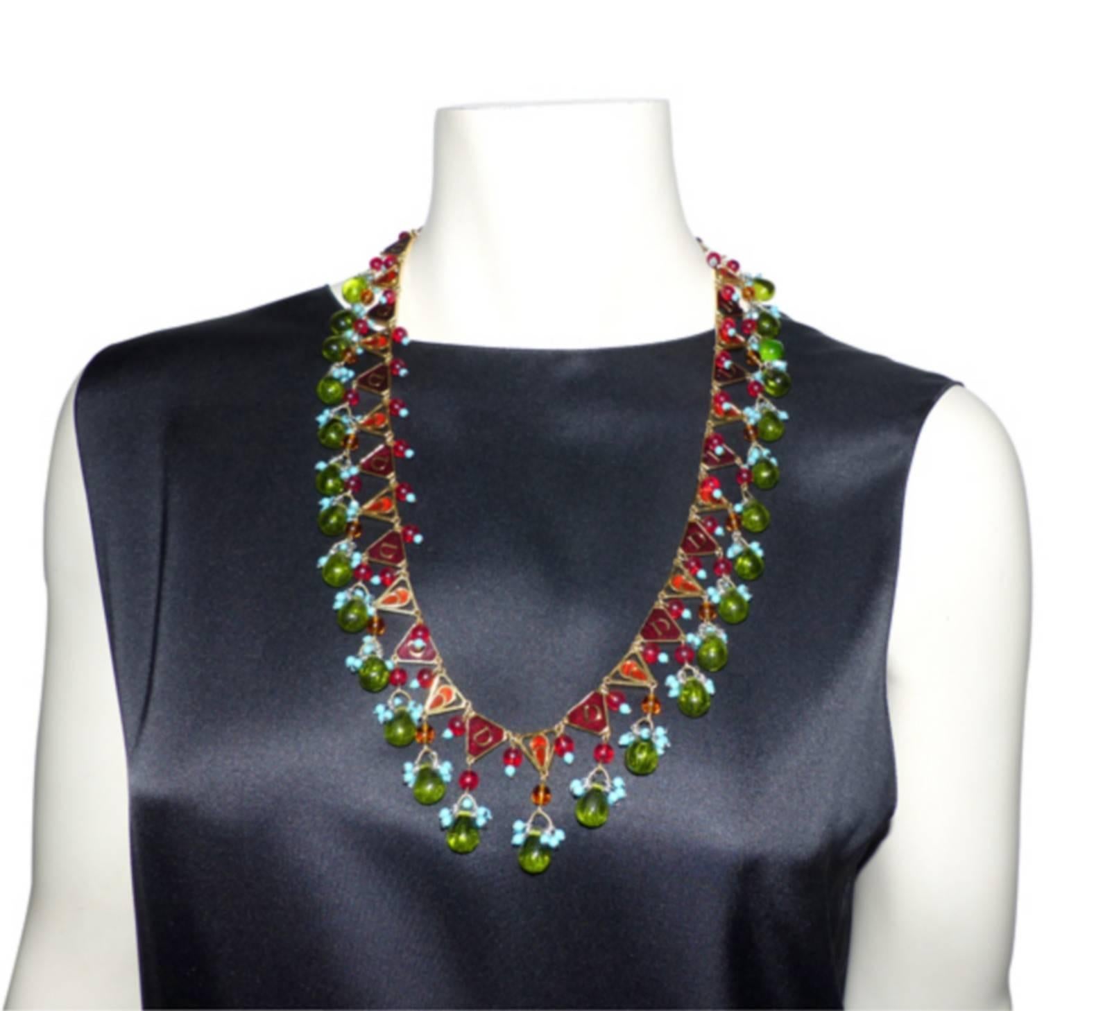 Art Deco WON-DER-FULL  Christian Dior Necklace in green glass beads red and turquoise 