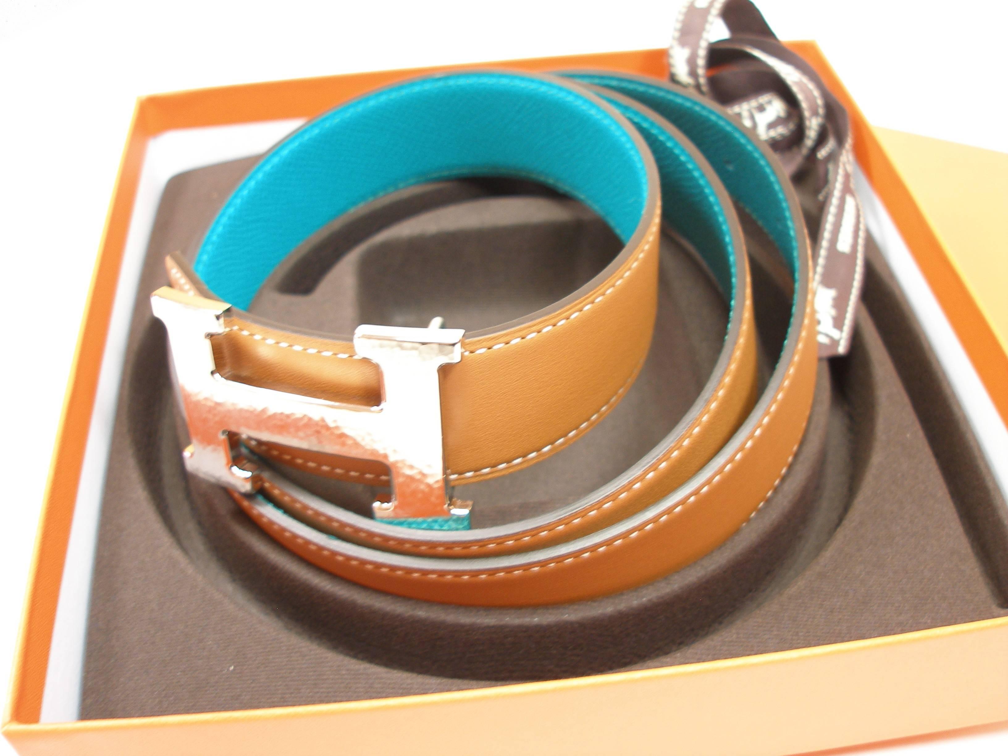 Hermes 32 mm Kilt Belt Buckle H Constance and Gold Bleu Paon 90 / Brand New 4