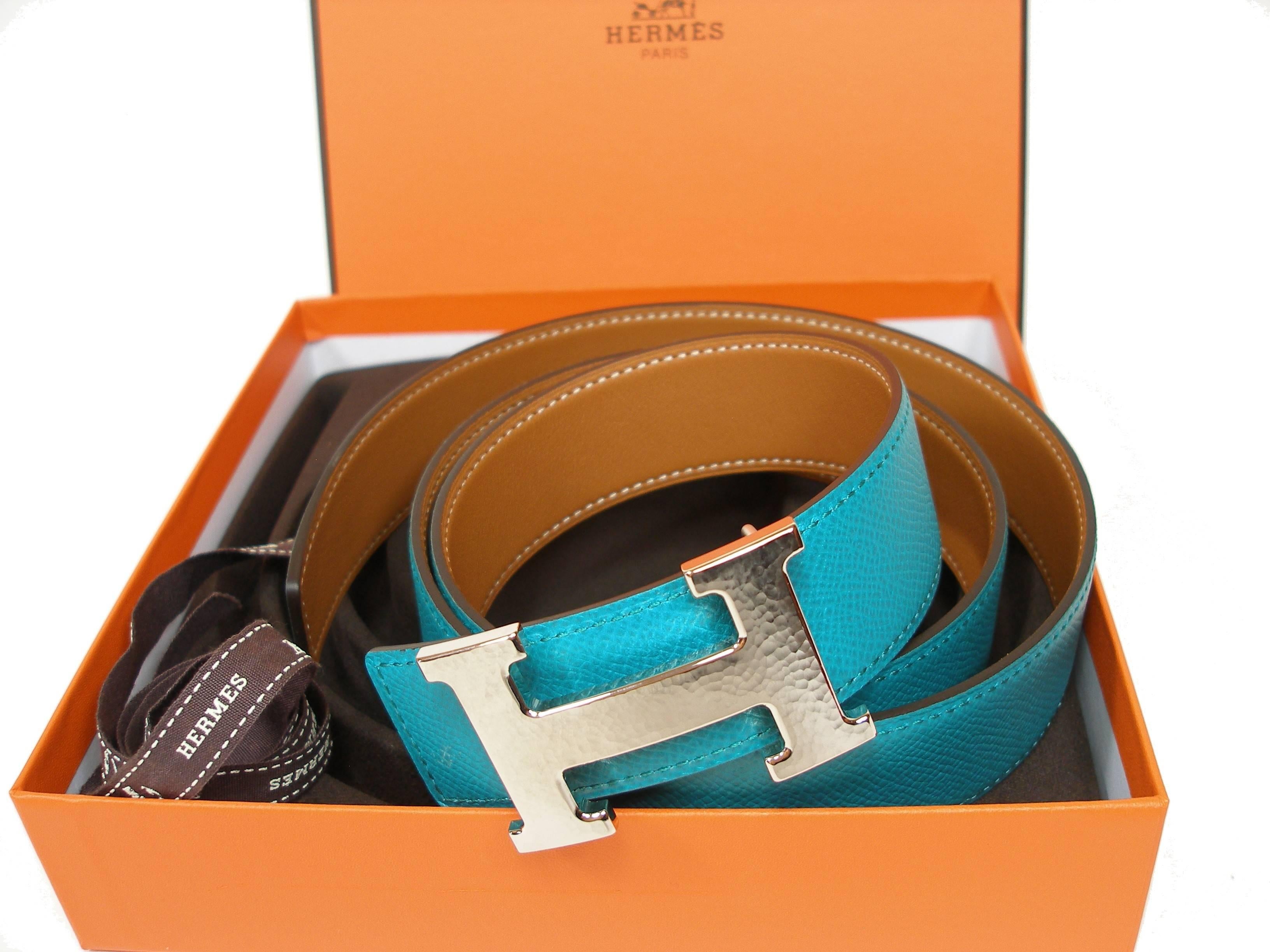 Hermes 32 mm Kilt Belt Buckle H Constance and Gold Bleu Paon 90 / Brand New 2
