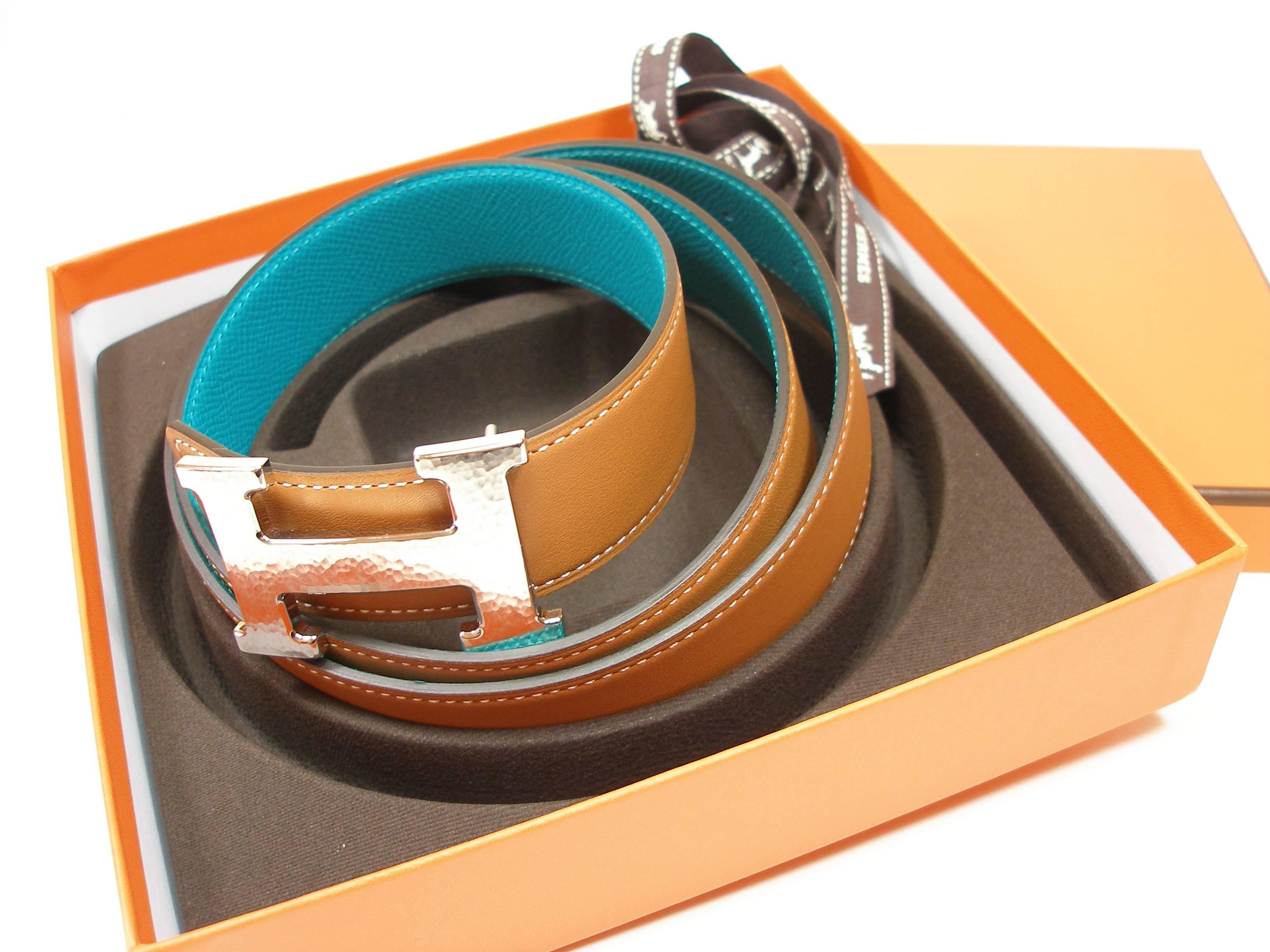 Hermes 32 mm Kilt Belt Buckle H Constance and Gold Bleu Paon 90 / Brand New 3