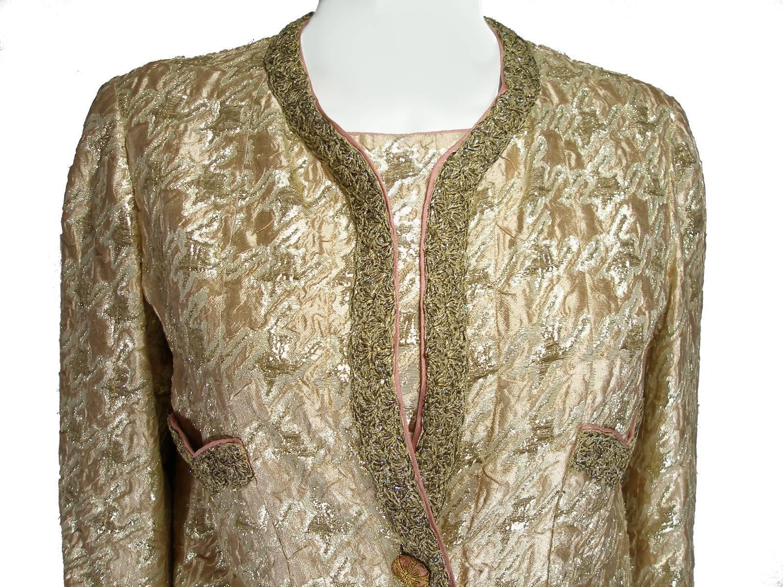 Circa 1960/170's Chanel Dress Suit Haute Couture Silk damask Size FR38 / US8 1