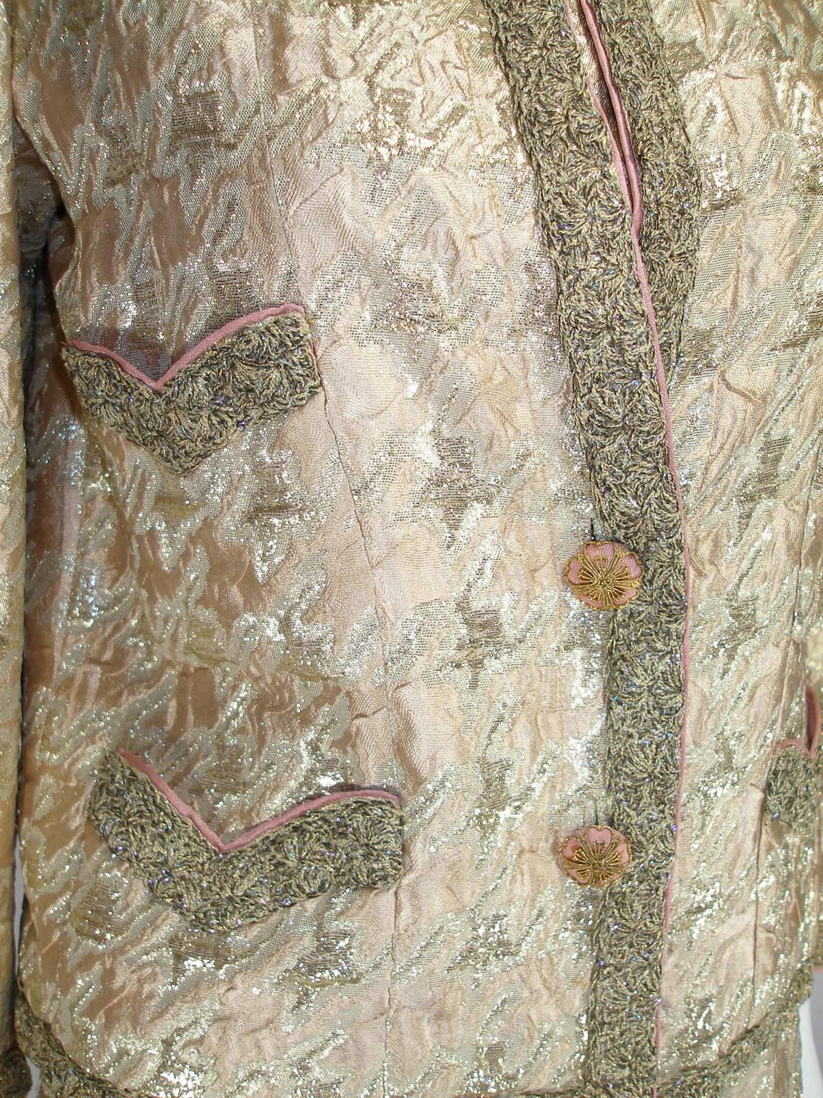 Beige Circa 1960/170's Chanel Dress Suit Haute Couture Silk damask Size FR38 / US8