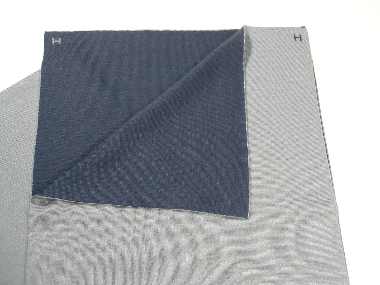Gray Brand New Hermès Scarf Aller / Retour For Men Cashmere and Silk Bleu Gris /Océan
