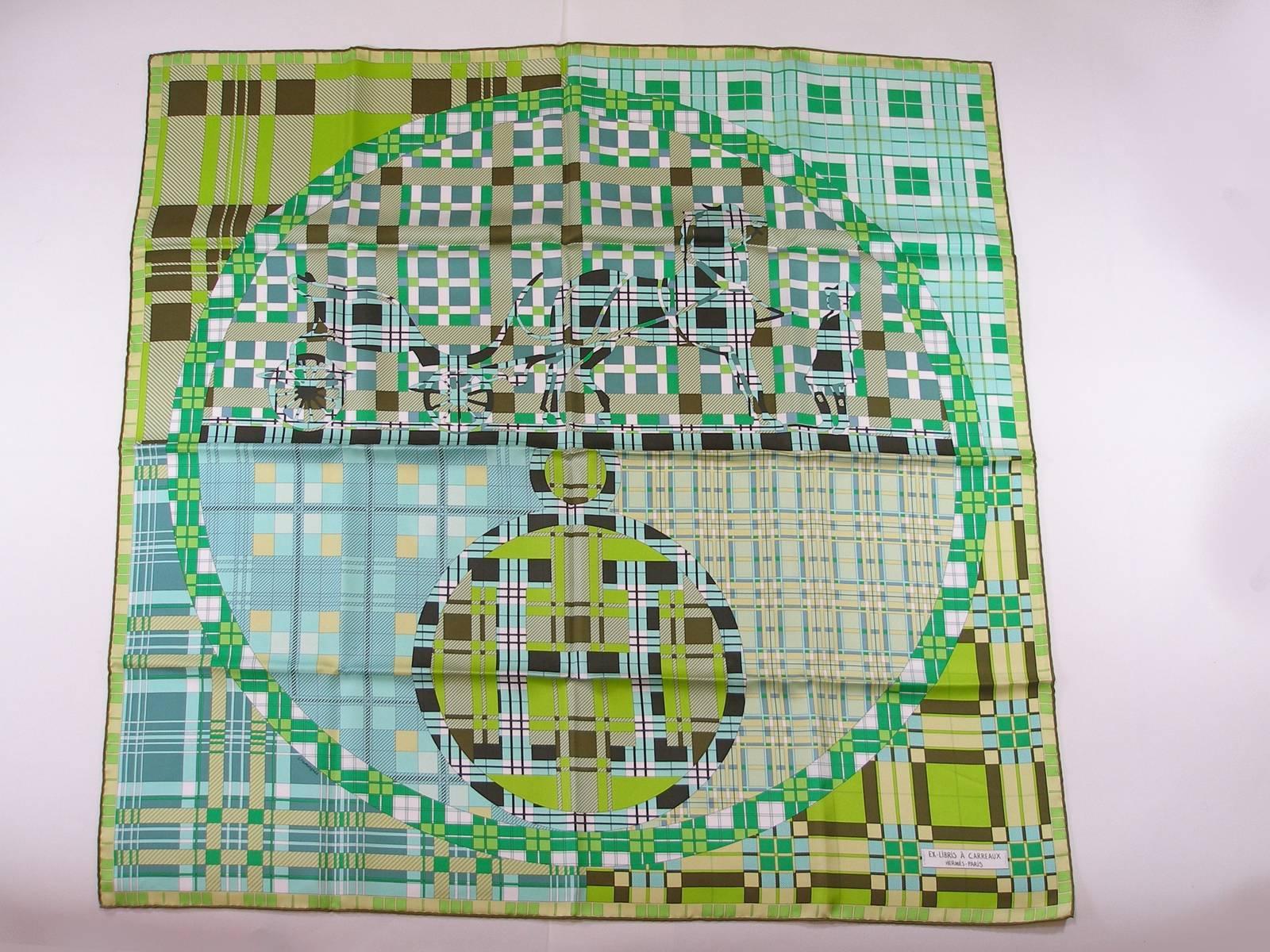 Hermès Scarf , difficulte to find 
Sold out in Hermès store
Model : Ex Libris à carreaux ( year 2014 )
Size : 90 x 90 cm 
100 % silk 
Color : Multicolor  / Green
Tags and copyright are intacts 
It's comes with Hermès shopping bag Hermès 
Thank you
