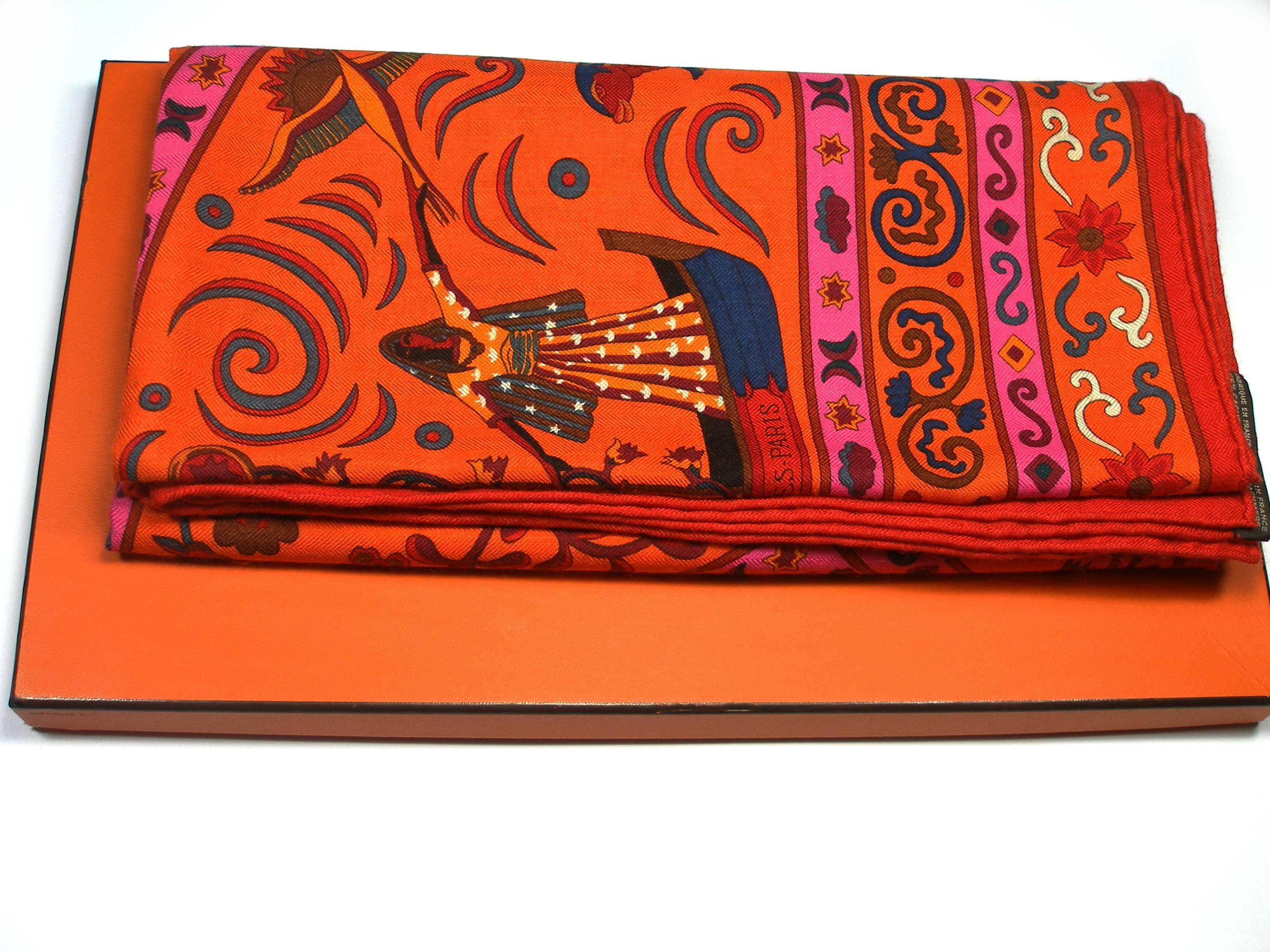 Impossible to find in Hermès shop 
HERMES Cashmere Silk Peuple Du Vent Shawl 140  
The exceptional quality and incredible beauty of this Hermes scarf makes it a fabulous fashion accessory. This vibrant scarf is crafted of 65% cashmere and 35% silk