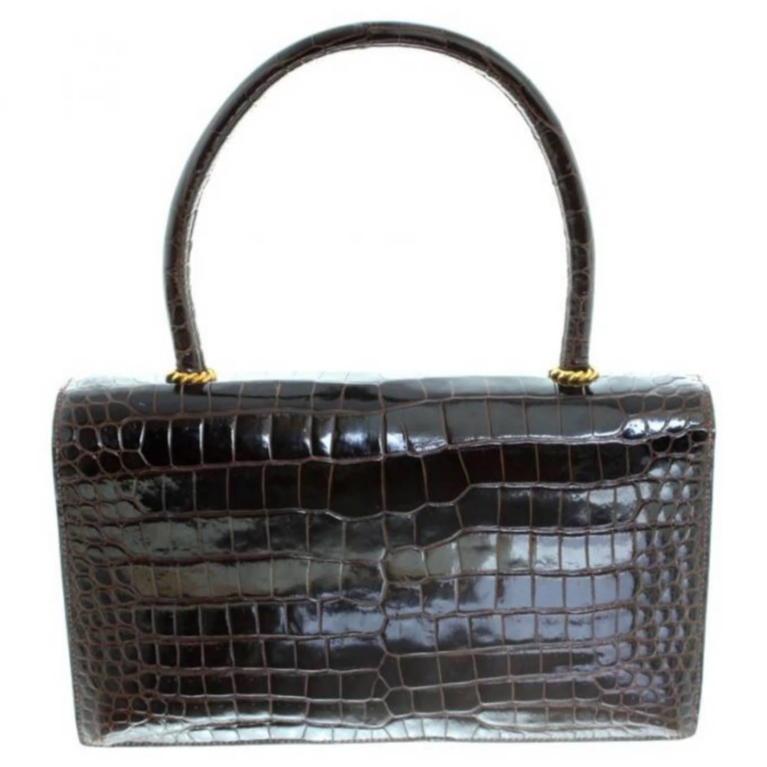 Black Hermès Ring croc Vintage Bag  For Sale