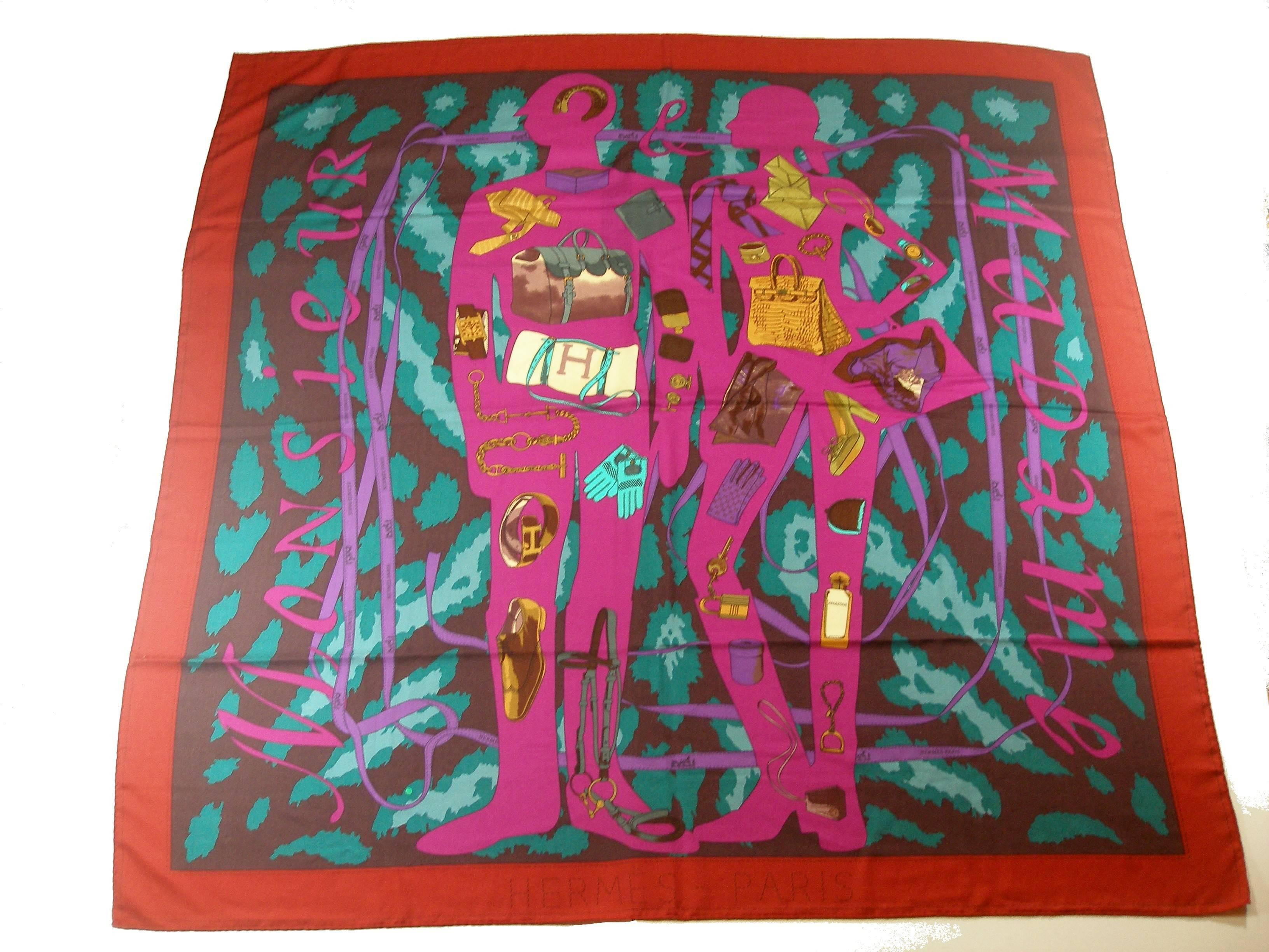 Hermès Shawl Cashmere GM
Monsieur & Madame by Bali Barret & Robert Dallet 
Multicolor
GM Size 140 x 140 cm 
65% Cachemire / 35% Soie // 65% Cashmere / 35% Silk,
Care tag intact
Made in France
Sorry no box , its comes with hermès shopping bag and