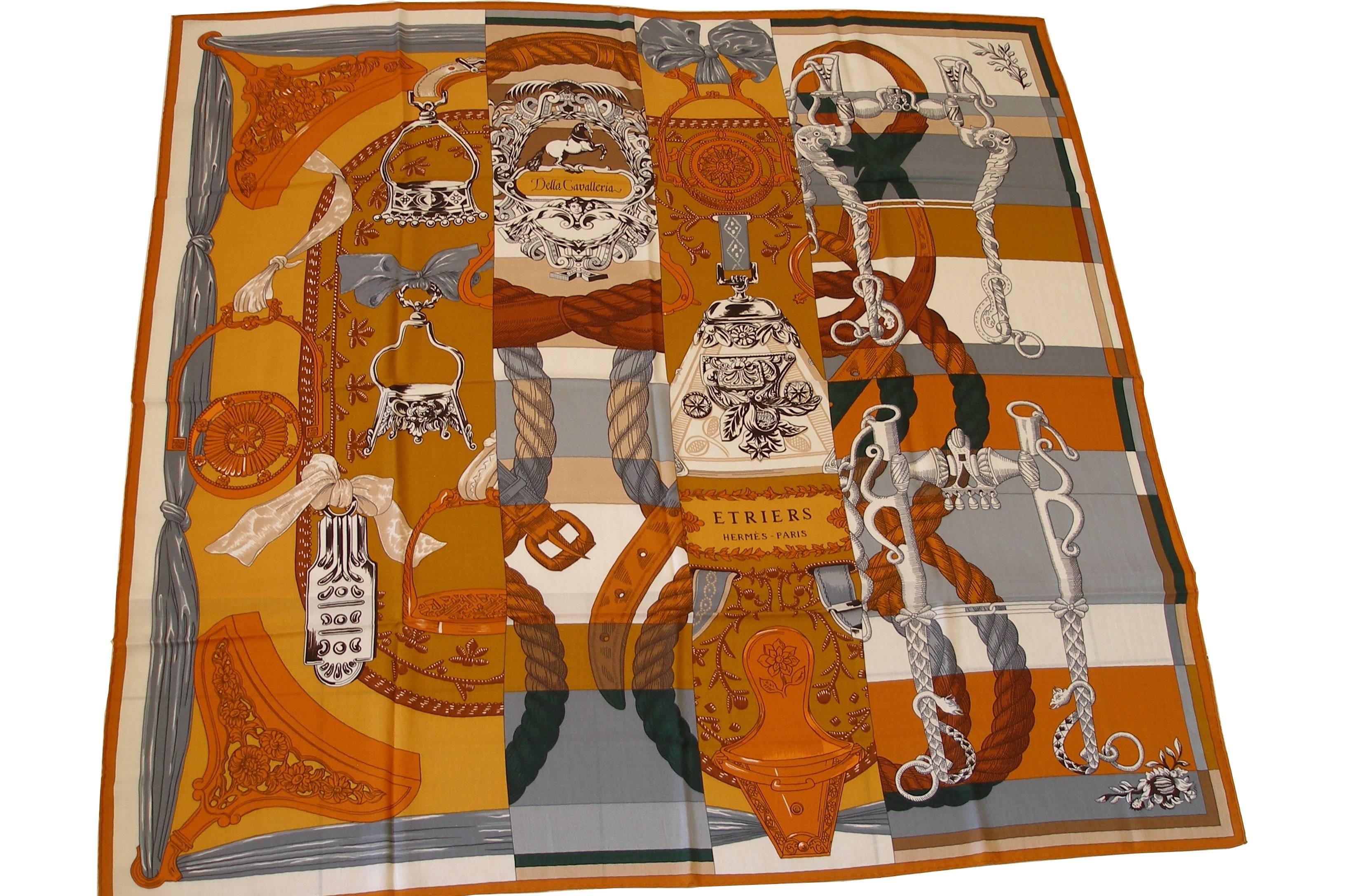 Brand new and never worn
Hermès Della Cavalleria Shawl
Designed by Virginie Jamin
Size 140 cm x 140 cm 
Color : caramel - gris - blanc 
Sorry no Box , it's comes with Hermès shopping bag & ribbon .