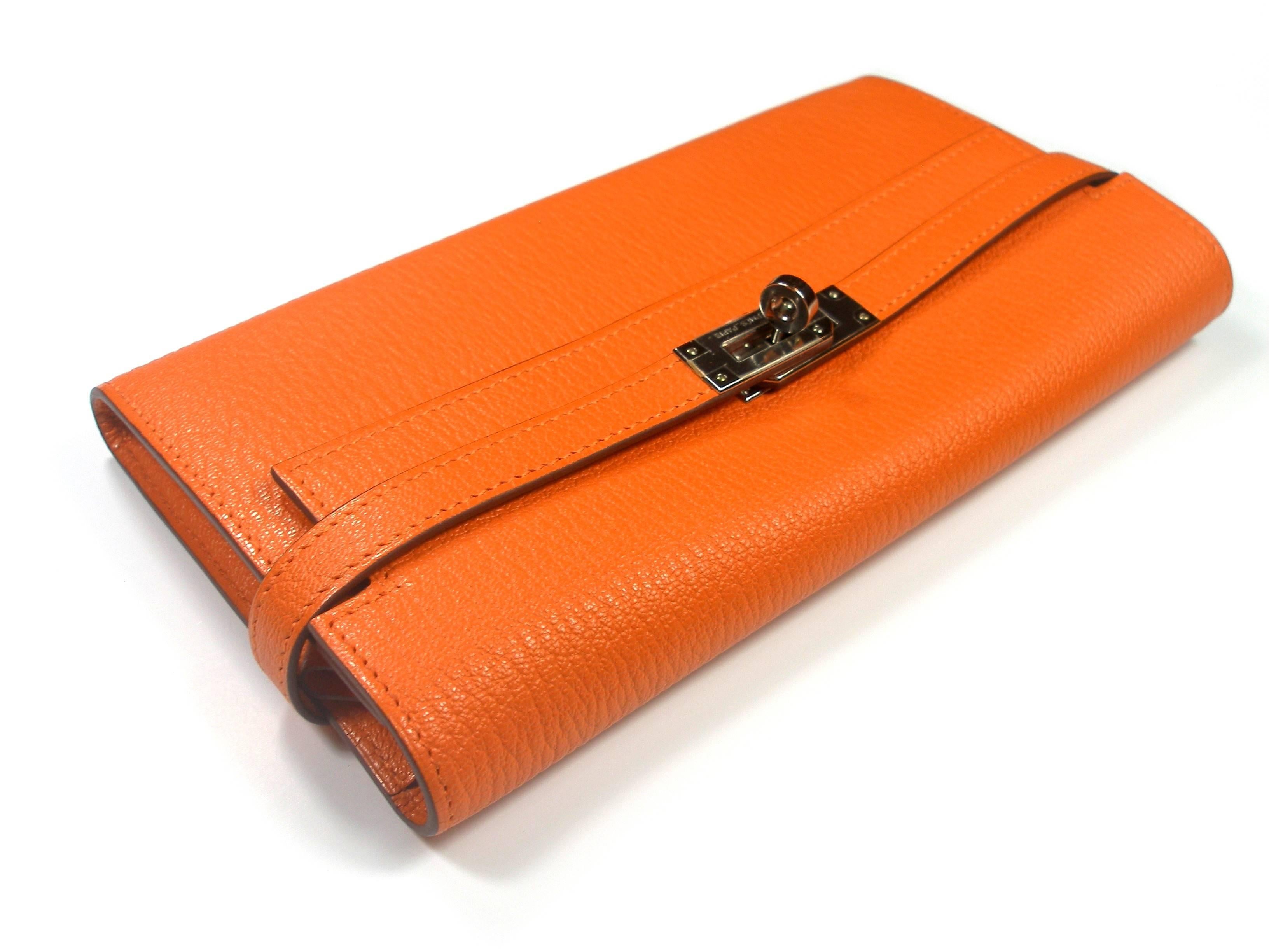 Orange Hermès Kelly Long Wallet orange mysore leather and Palladium Hdw / BRAND NEW 