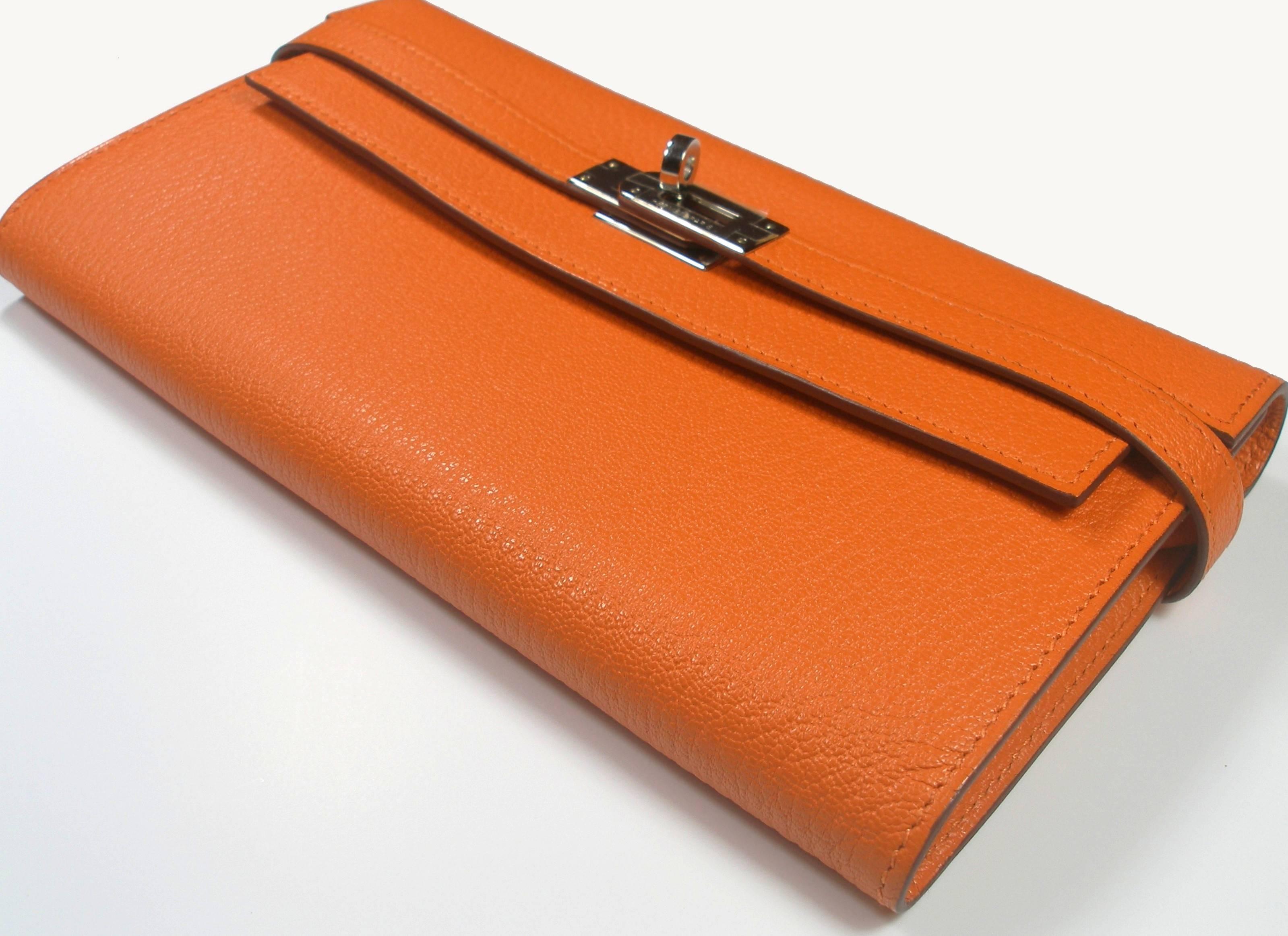 Women's Hermès Kelly Long Wallet orange mysore leather and Palladium Hdw / BRAND NEW 