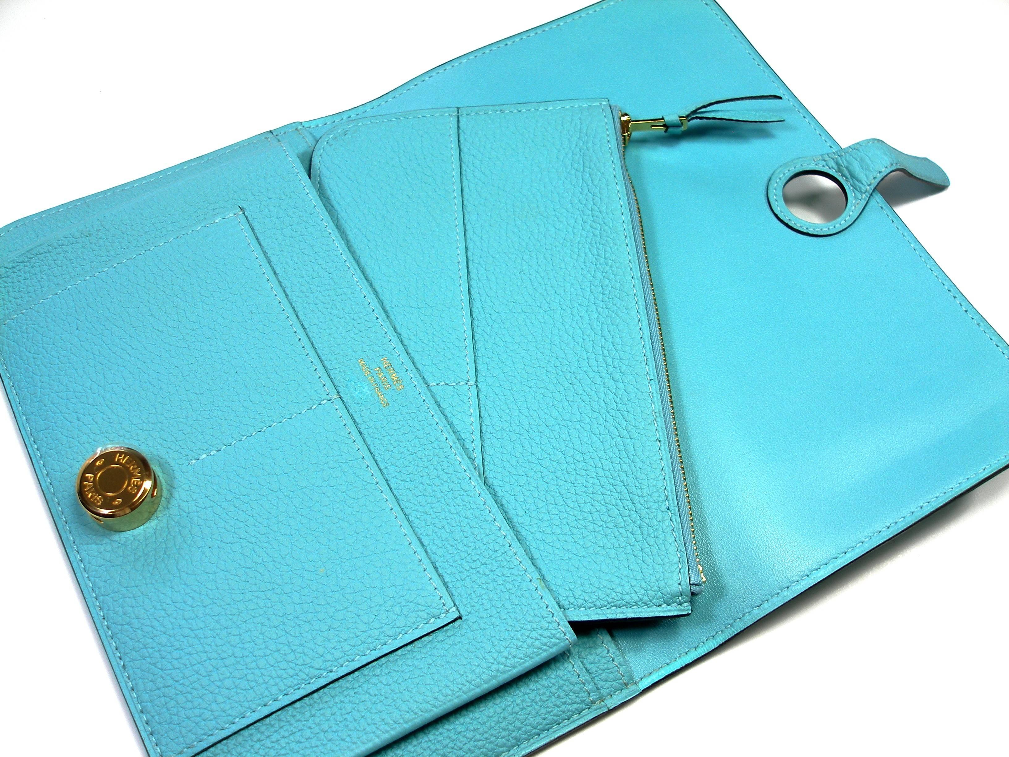 Women's or Men's Hermes Wallet Dogon duoTogo Leather bleu atoll Color Gold plated HW/BRAND NEW