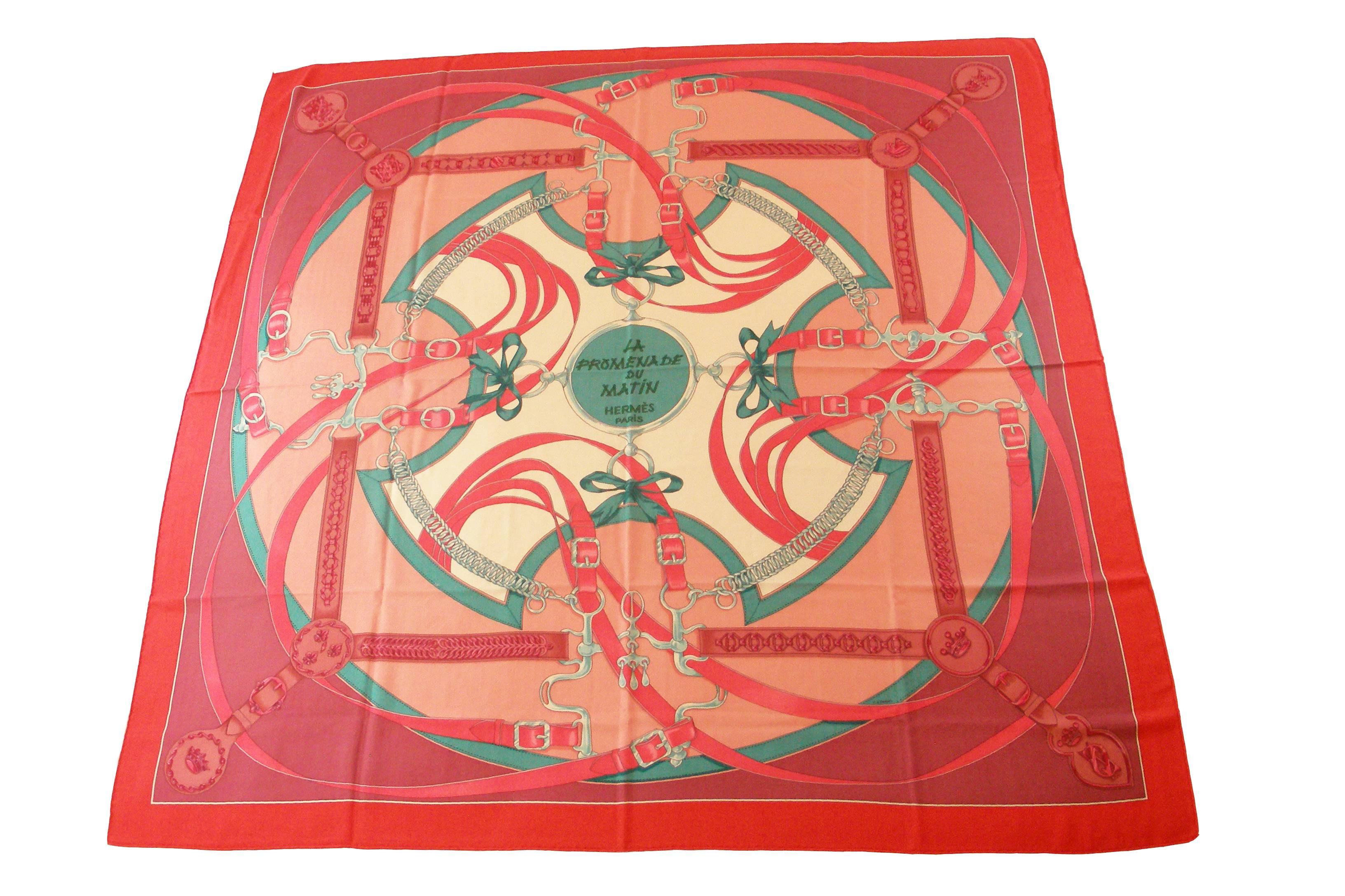 Hermès La Promenade du Matin Shawl
Designed by Henri D'Origny
Size 140 cm x 140 cm 
Color : corail - menthol - vieux rose
Note : A small mark of ink
Please look at the last photo .
Sorry no Box , it's comes with Hermès shopping bag and ribbon