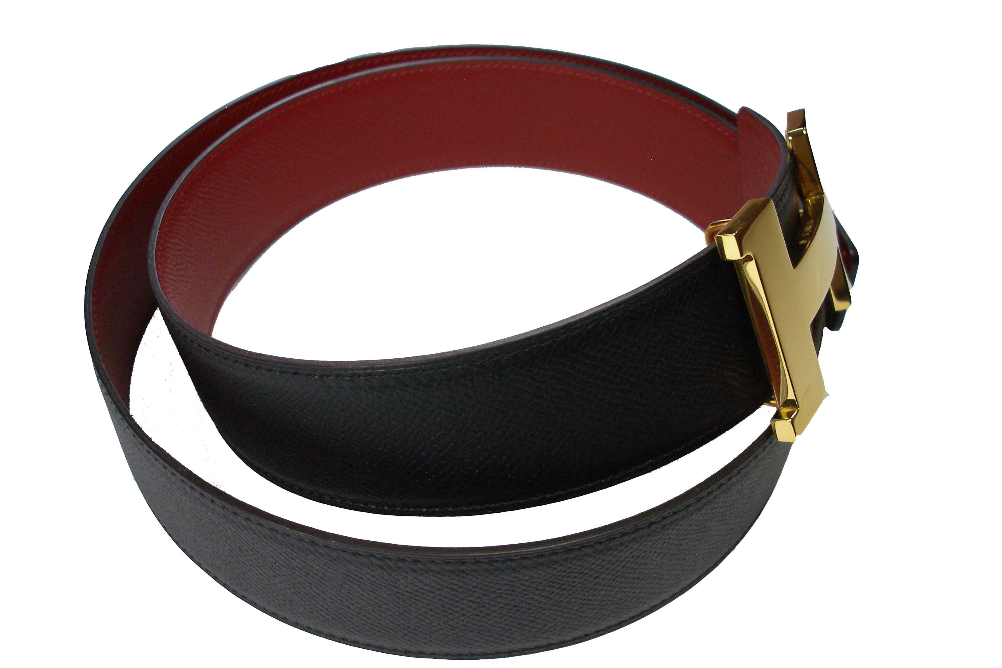 Black Hermès 42 mm Reversible Leather belt 100 CM and gold plated H buckle / BRAND NEW