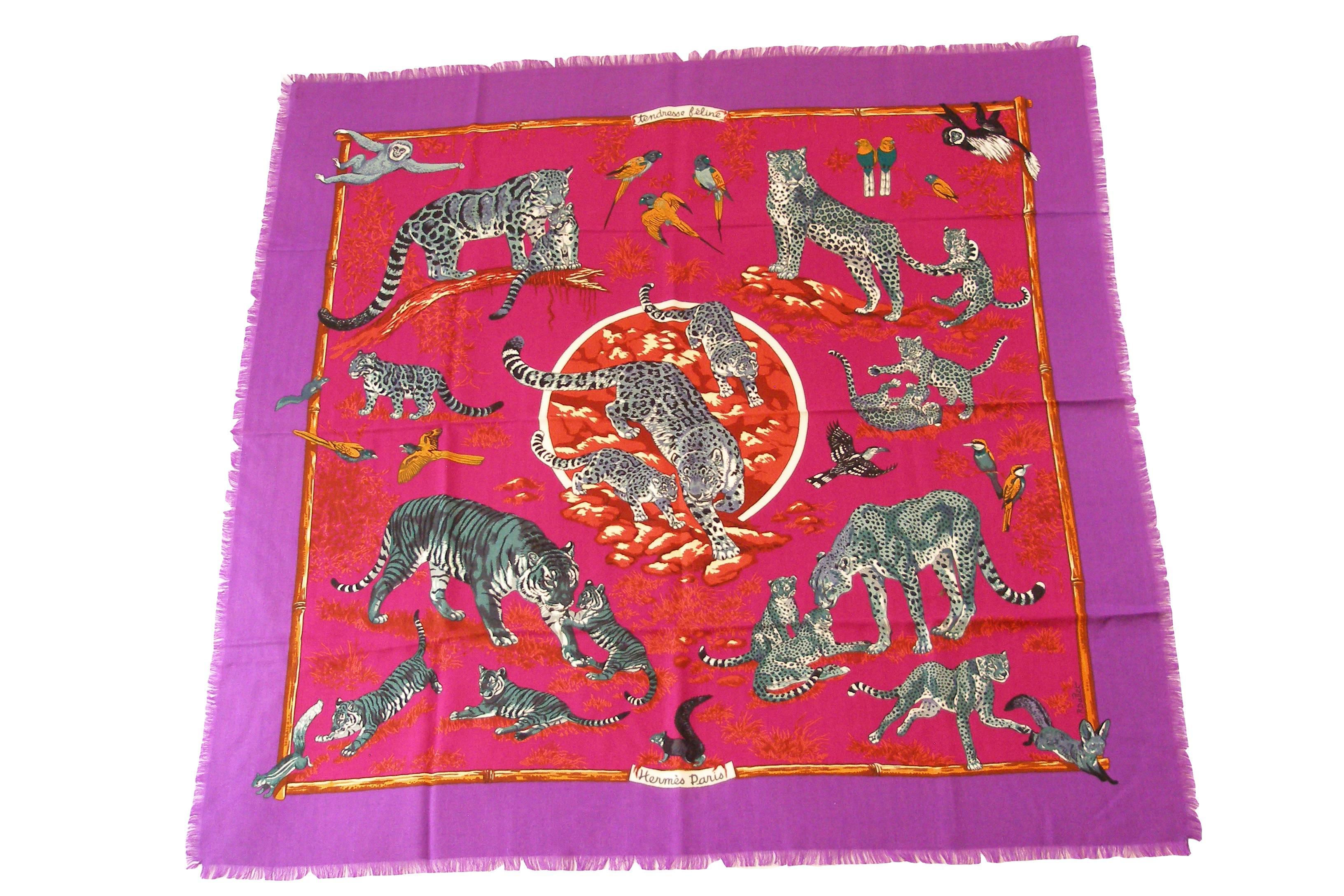 Marvelous luxurious scarf MADE IN FRANCE by HERMES designed by Robert Dallet 
Smooth, delicate lovely!
Signature : Hermès - Paris, © Hermes by R Dallet
Composition : 65% Cashmere, 35% Silk, fringe edges
Care tag : Yes 
Multicolor PURLE 
Dimension : 