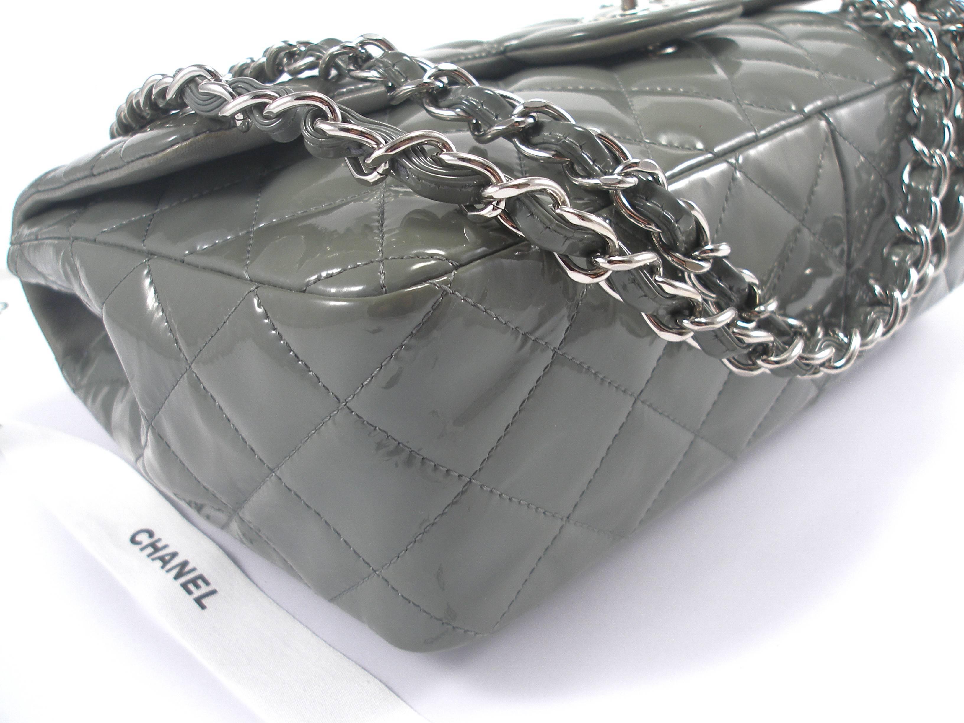 Gray  Chanel Quilted Patent Leather Classic Jumbo Chain Shoulder Bag Grey 