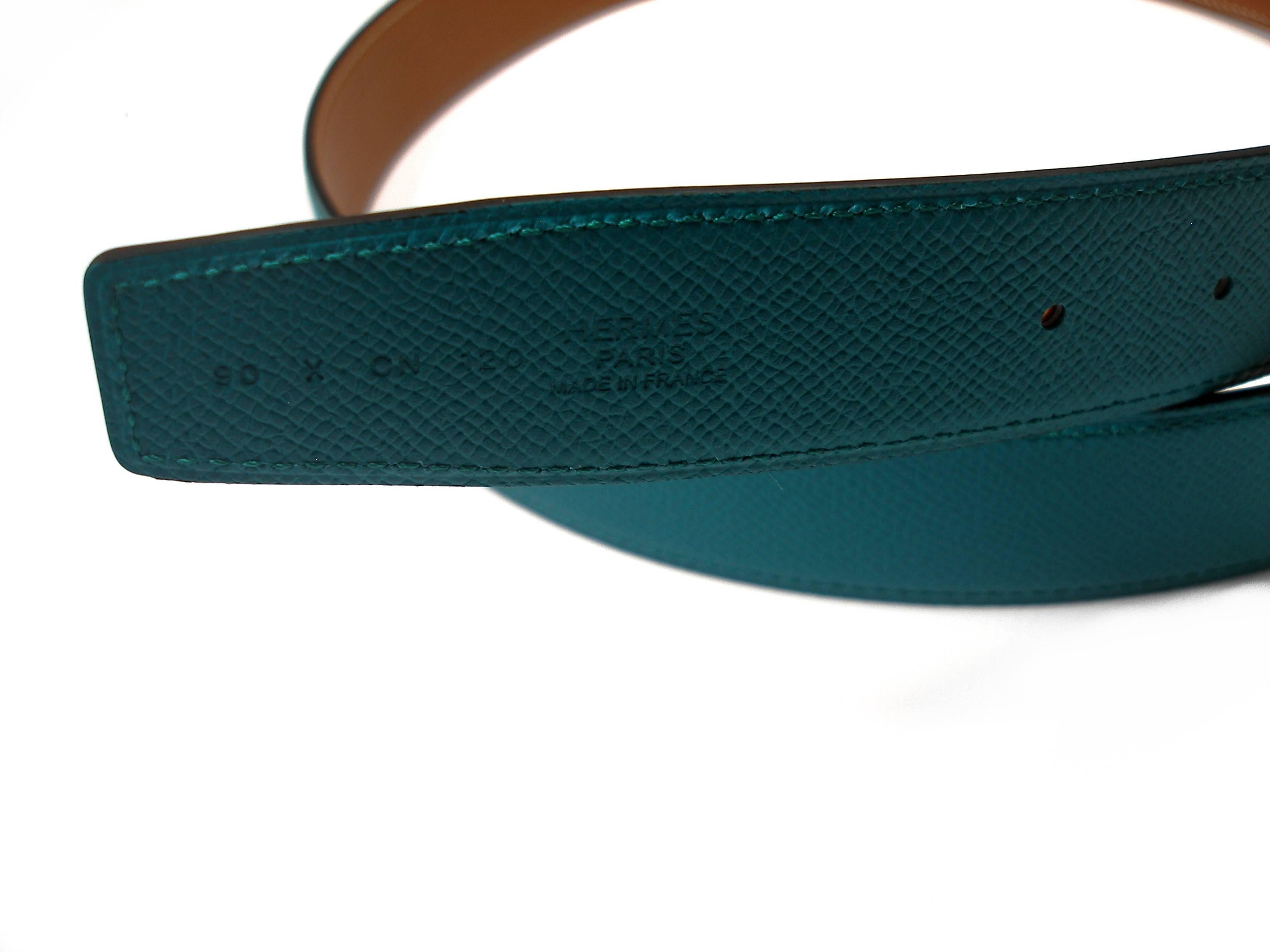 HERMES 32 mm Leather Belt Buckle H Quizz and Gold Bleu Paon 90  / BRAND NEW 2