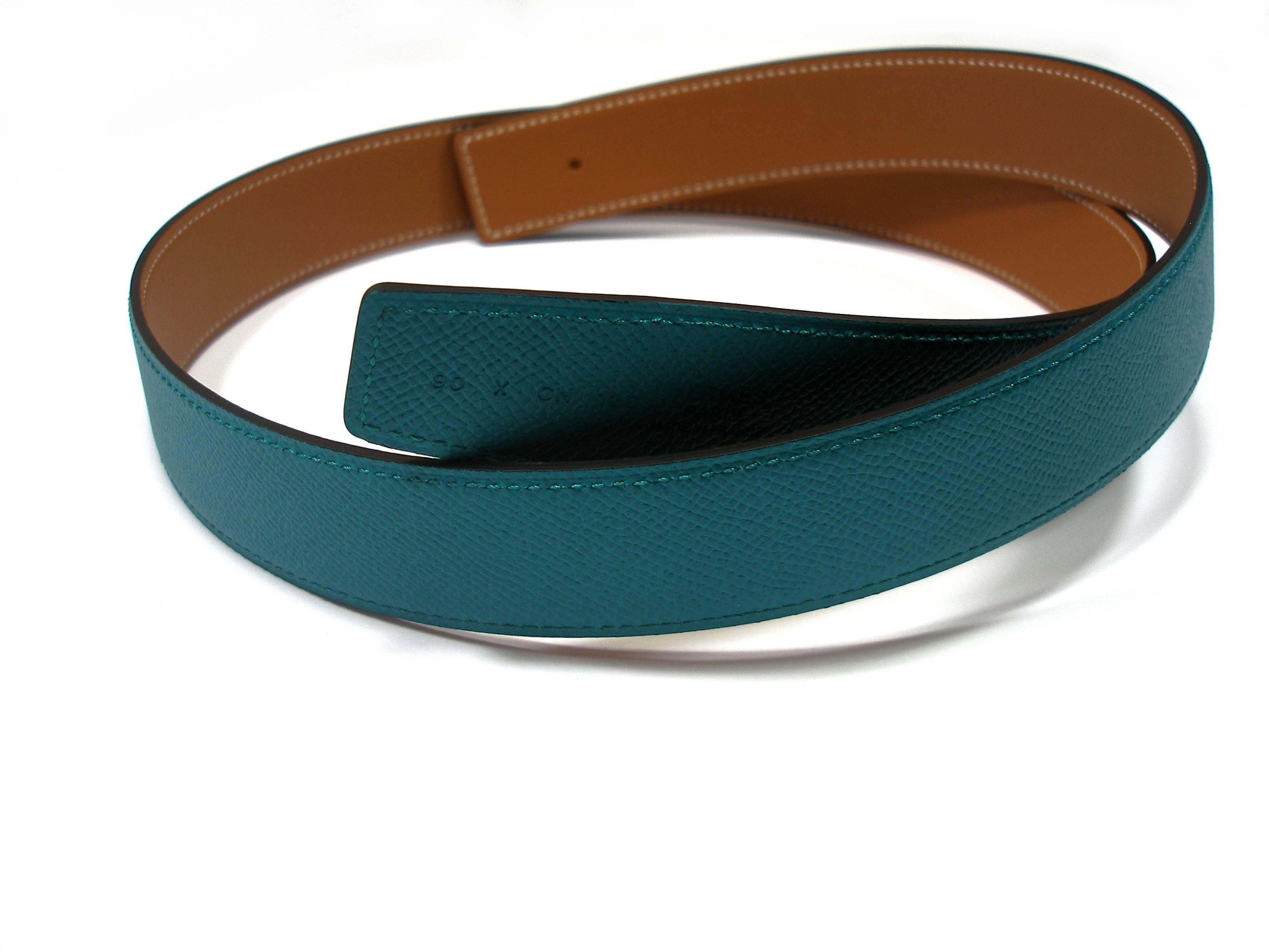 HERMES 32 mm Leather Belt Buckle H Quizz and Gold Bleu Paon 90  / BRAND NEW 1