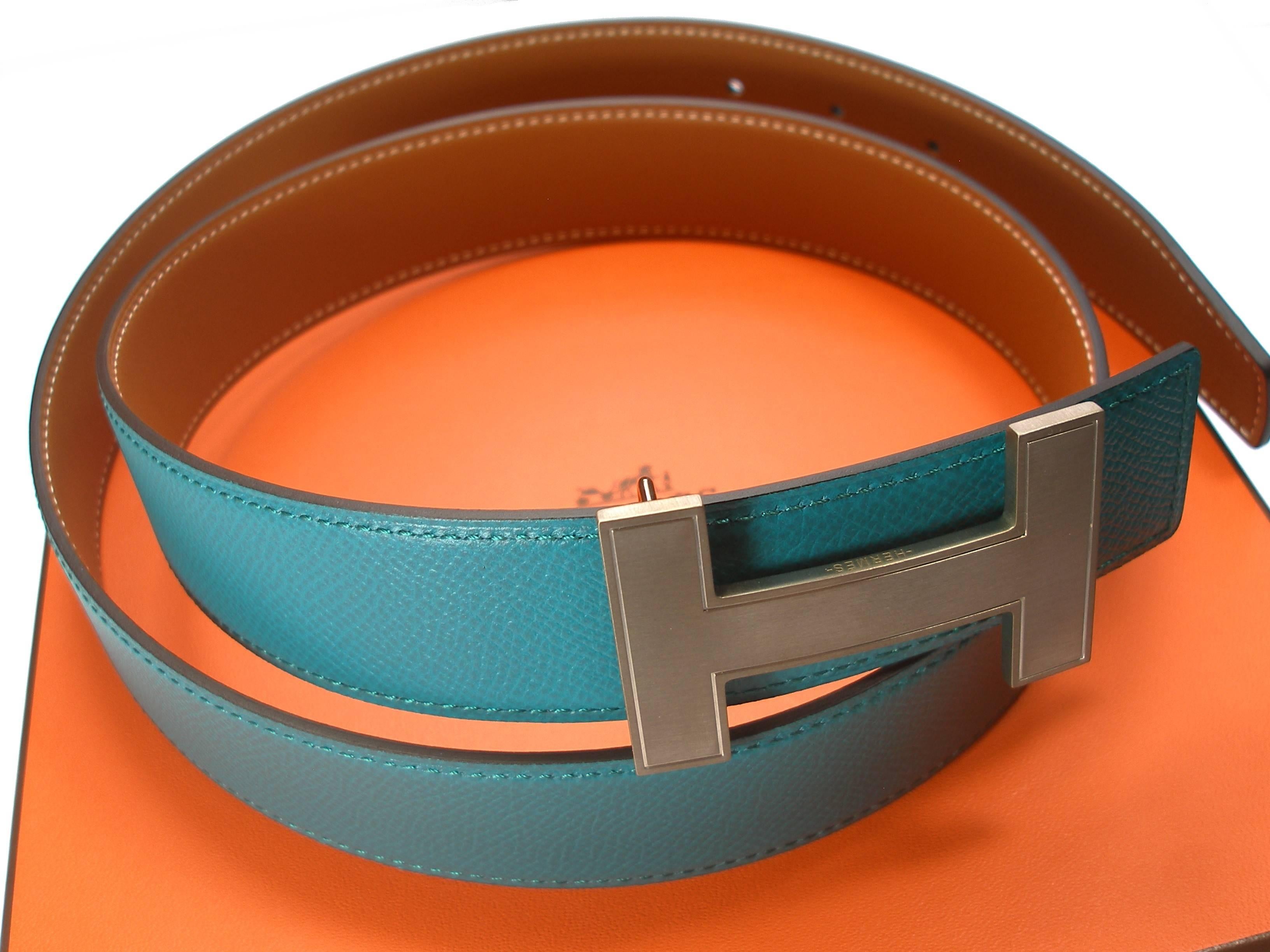 Brown HERMES 32 mm Leather Belt Buckle H Quizz and Gold Bleu Paon 90  / BRAND NEW