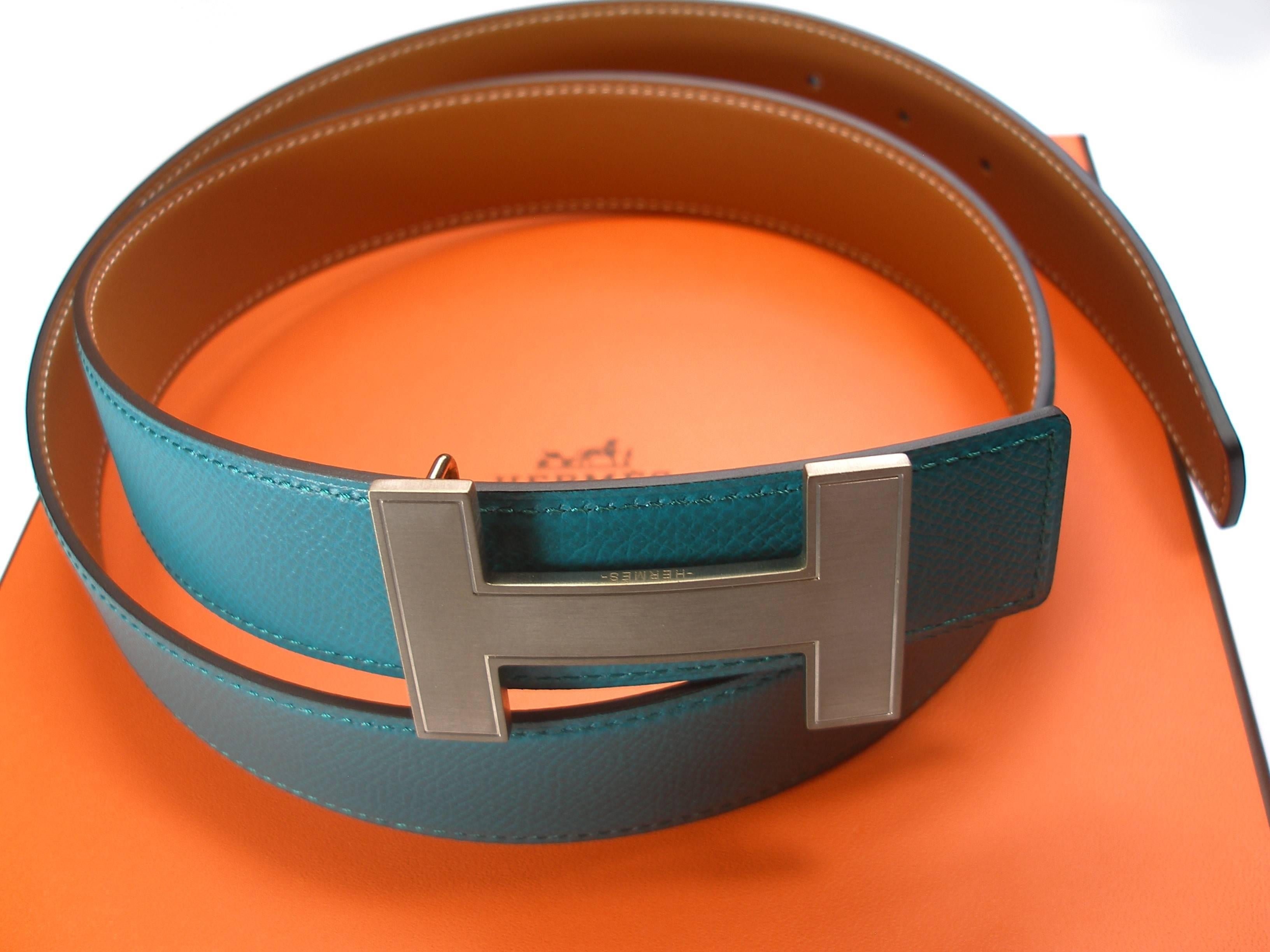 Women's or Men's HERMES 32 mm Leather Belt Buckle H Quizz and Gold Bleu Paon 90  / BRAND NEW