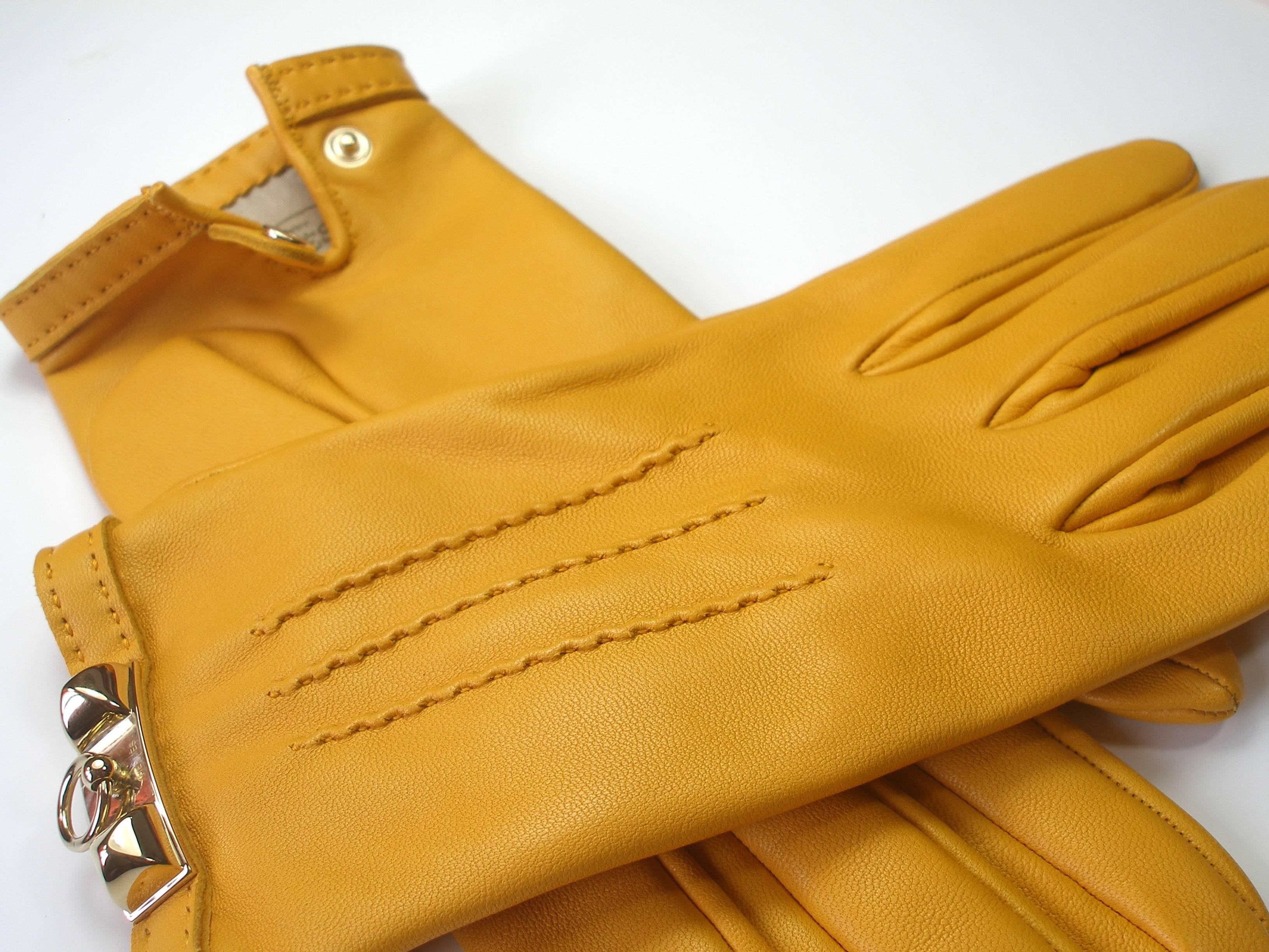  Hermes Médor Lambskin palladium Hadware Yellow Leather Gloves / BRAND NEW 4