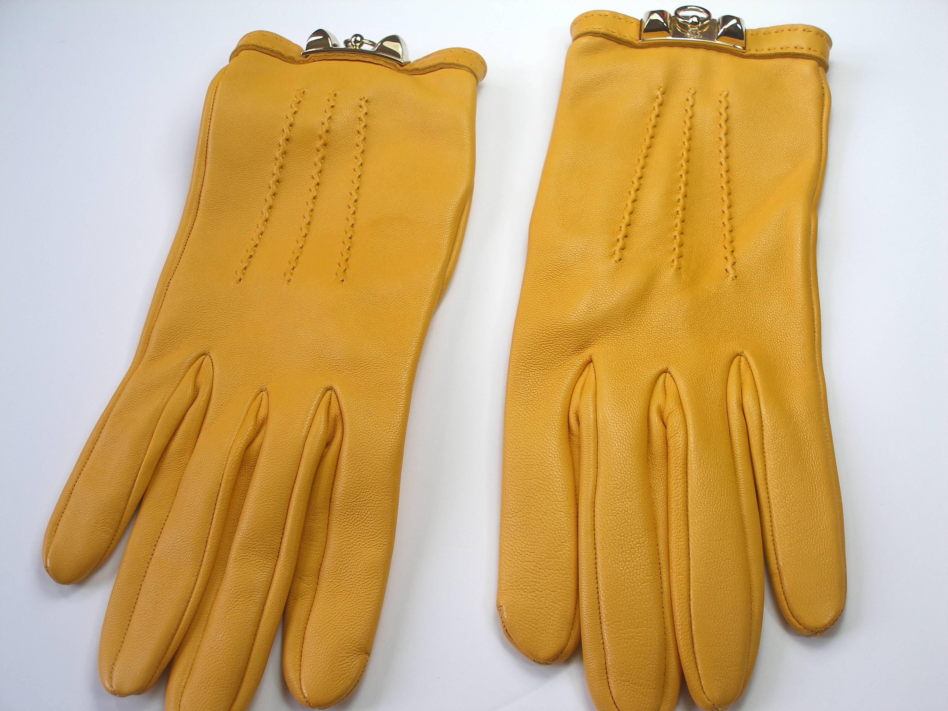  Hermes Médor Lambskin palladium Hadware Yellow Leather Gloves / BRAND NEW 5