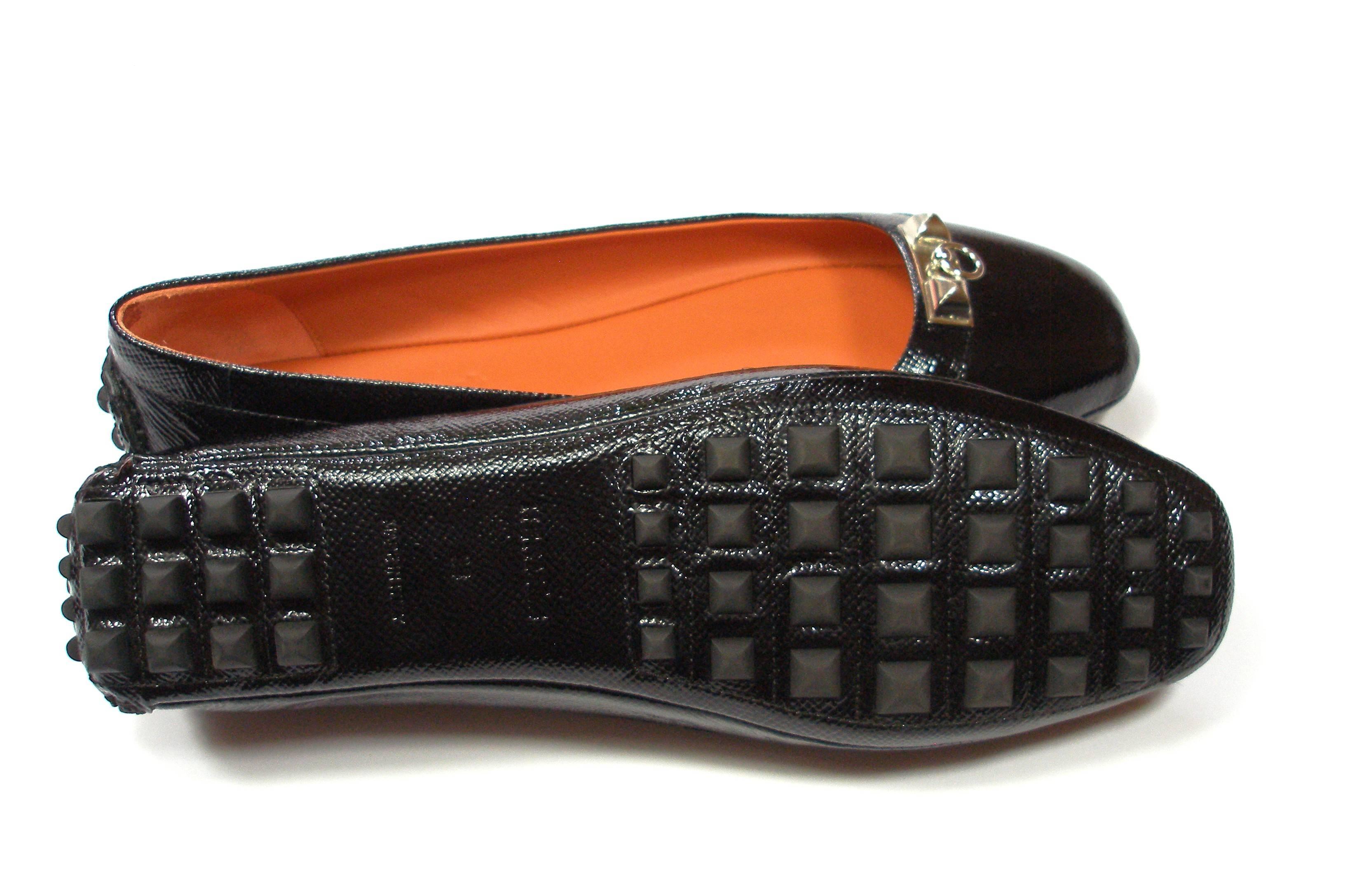 Women's Hermes Black Patent Epsom Leather Liberty Flats Size Europe 38 / BRAND NEW 