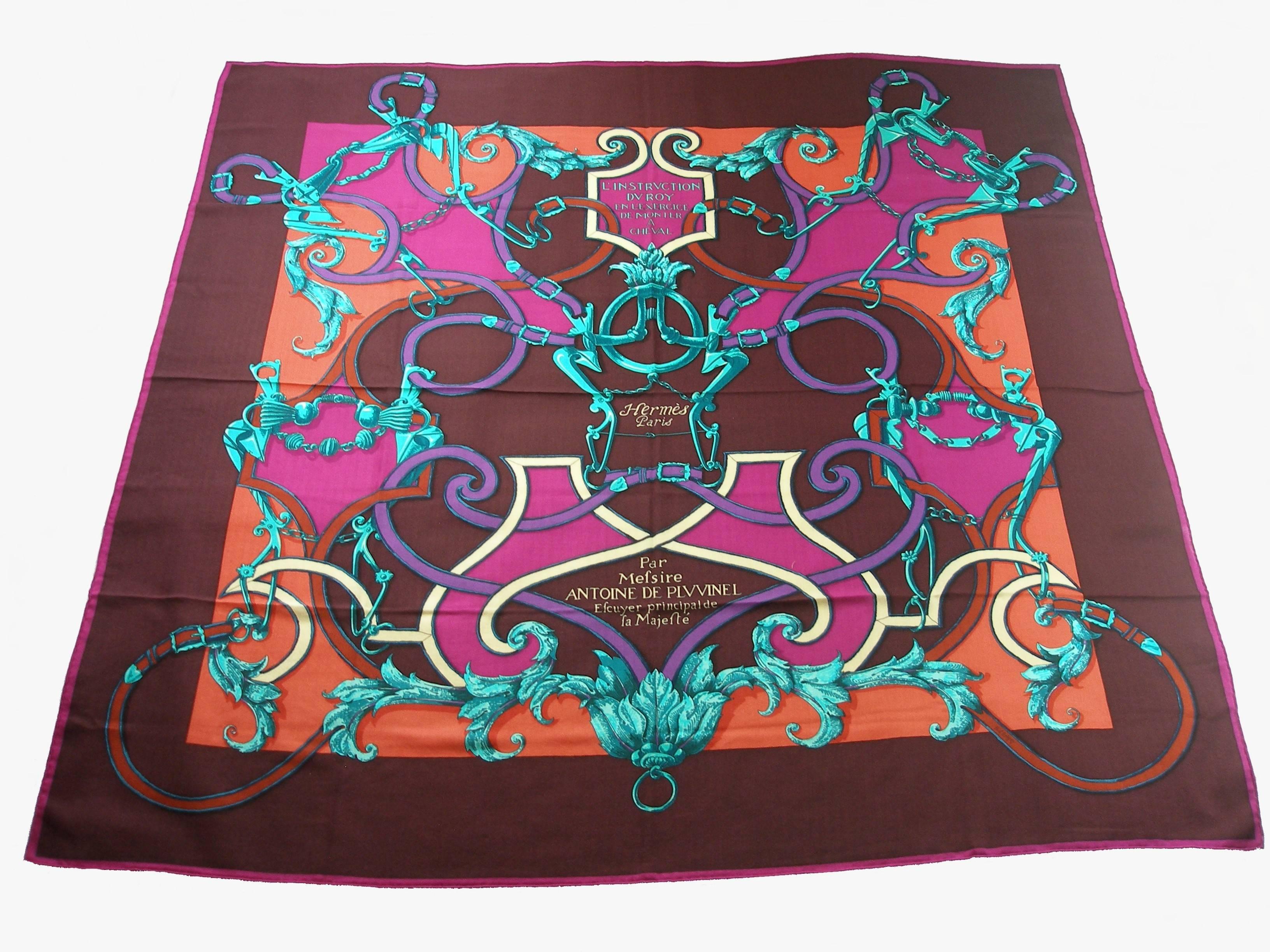 Impossible to find in Hermès shop 
HERMÈS Cashmere Silk L'instruction du Roi 140  
By Henri D'Origny
The exceptional quality and incredible beauty of this Hermes scarf makes it a fabulous fashion accessory.
Color : aubergine - fuschia - orange 
Size