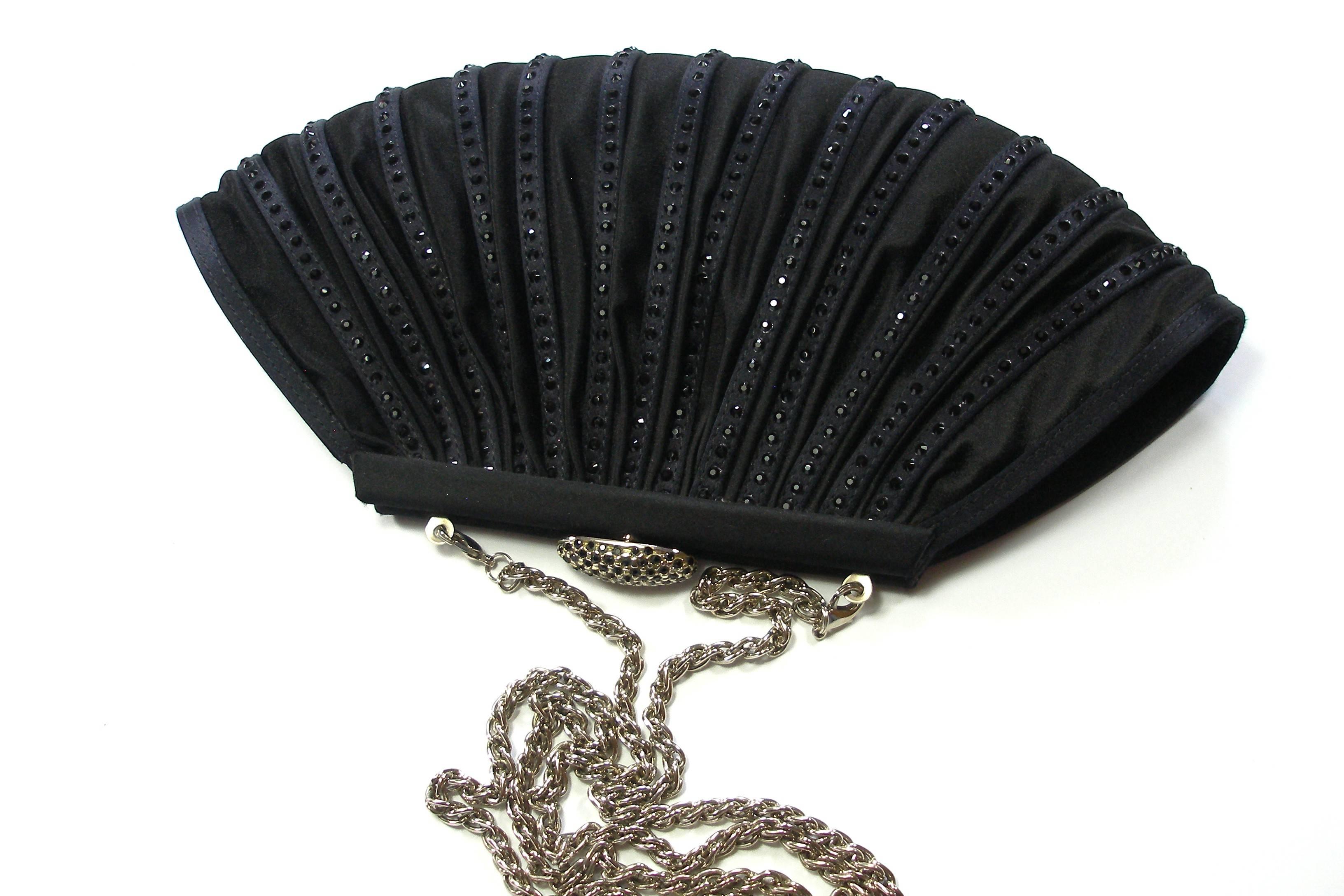 Rodo Couture Black Satin and strass Clutch Evening bag / Style ART DECO In Excellent Condition For Sale In VERGT, FR