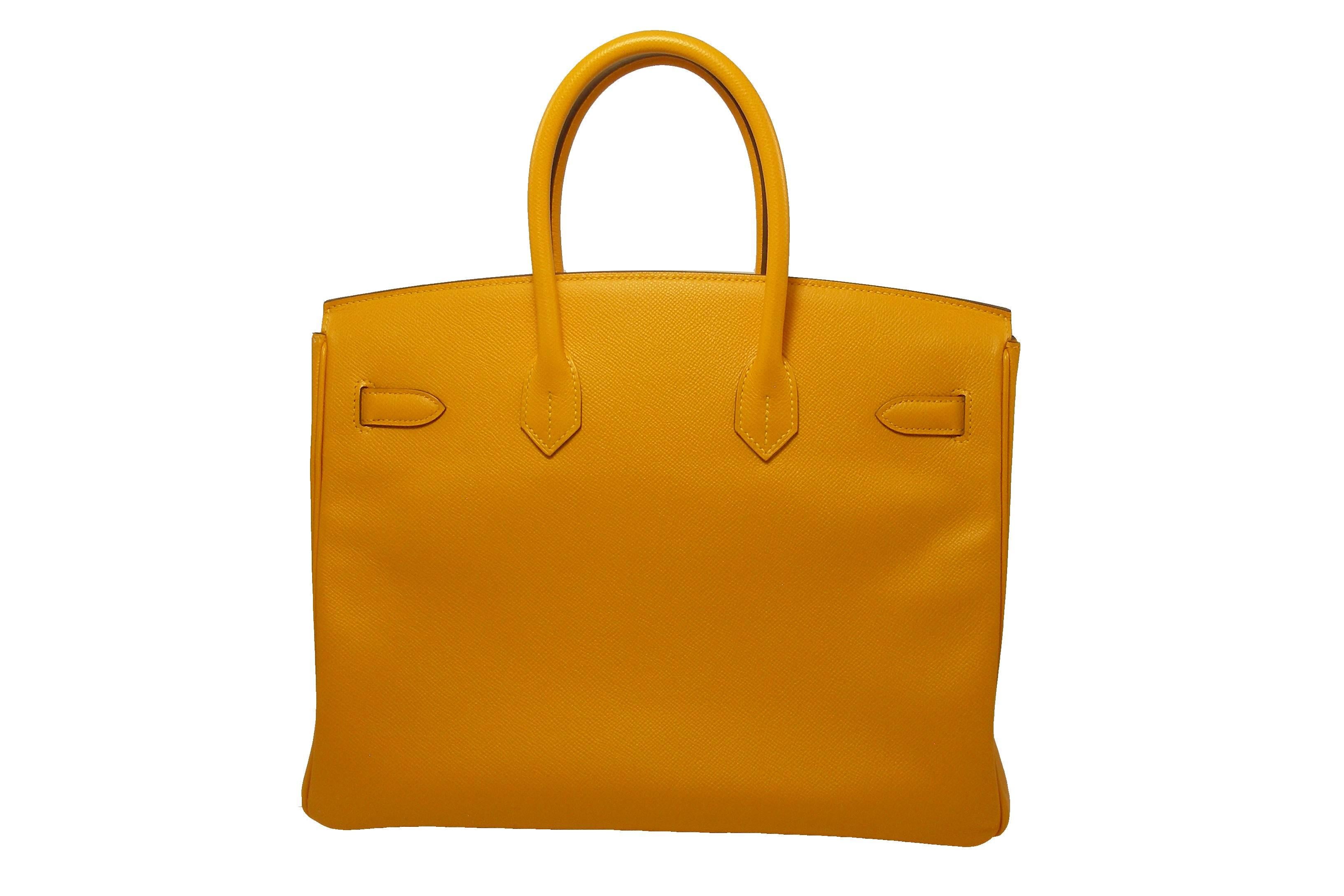 FAN-TAS-TIC  Hermès Birkin bag in 35 cm
Epsom leather and color is bouton d'or 
Stamp : P
BRAND NEW  / NEVER USED
Plastic are still on hadware 
Please considere for this purchase : This Birkin has a Sales number under Made In France. It comes from