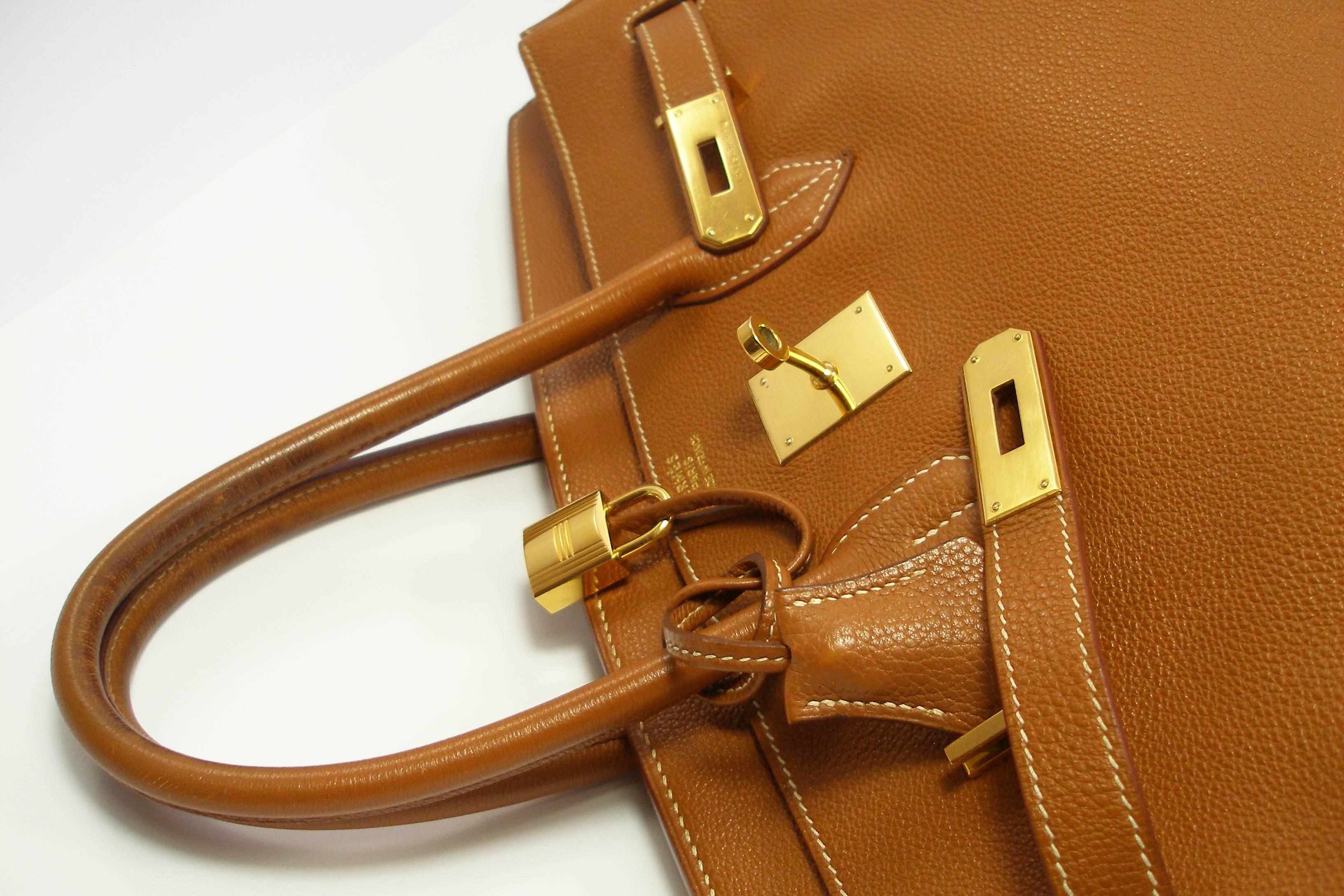 Brown COLLECTIBLE Vintage Hermes 35 Birkin Bag Fauve Ardennes Leather Gold Hw