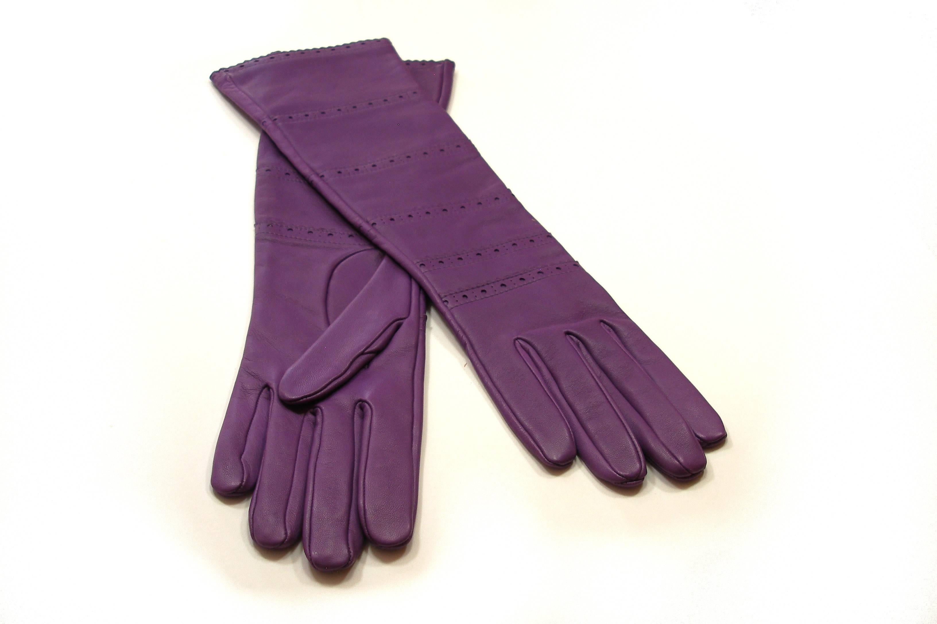 HERMES Ultra Purple leather Long Gloves Size 7.5  / BRAND NEW For Sale 2