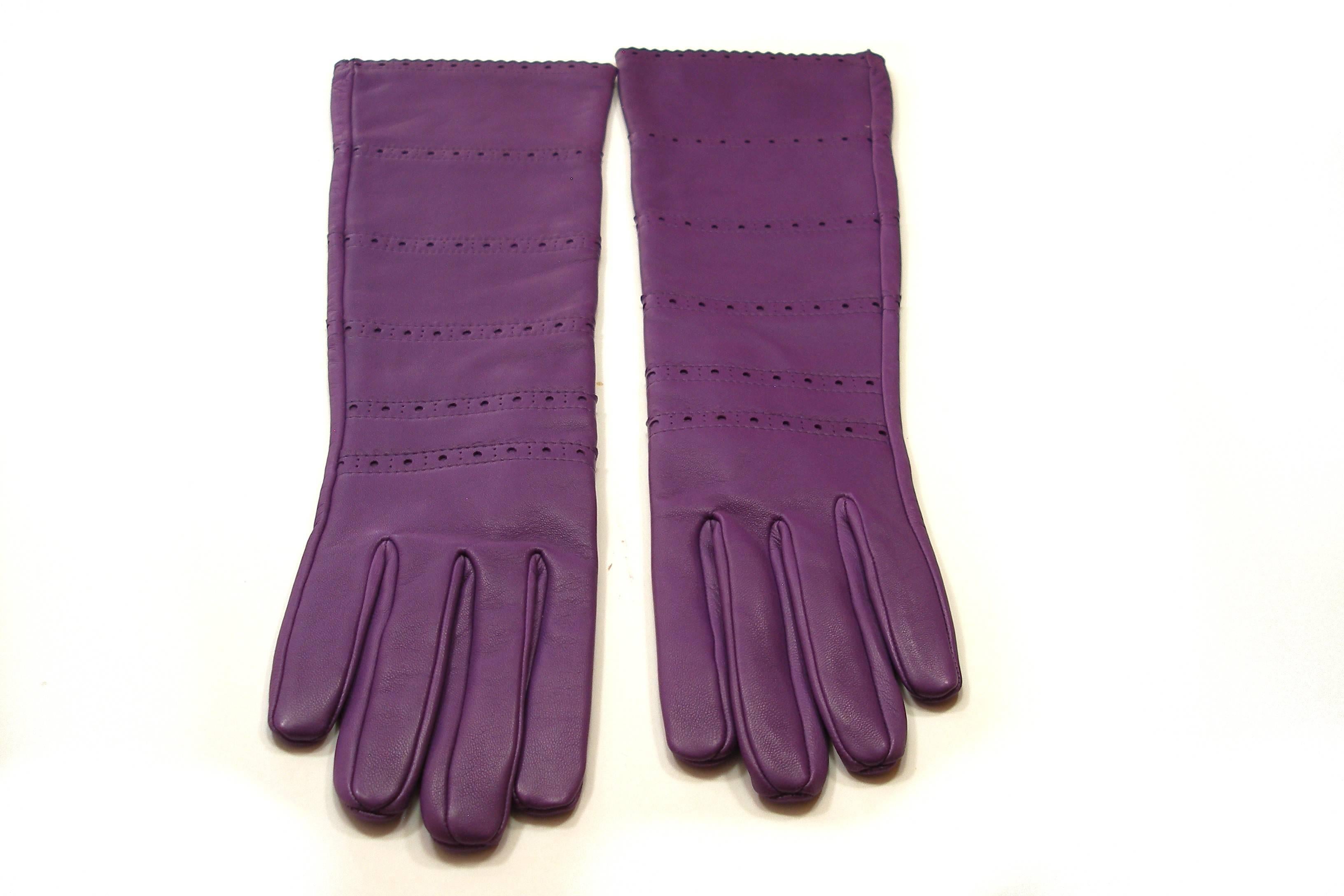 HERMES Ultra Purple leather Long Gloves Size 7.5  / BRAND NEW For Sale 3
