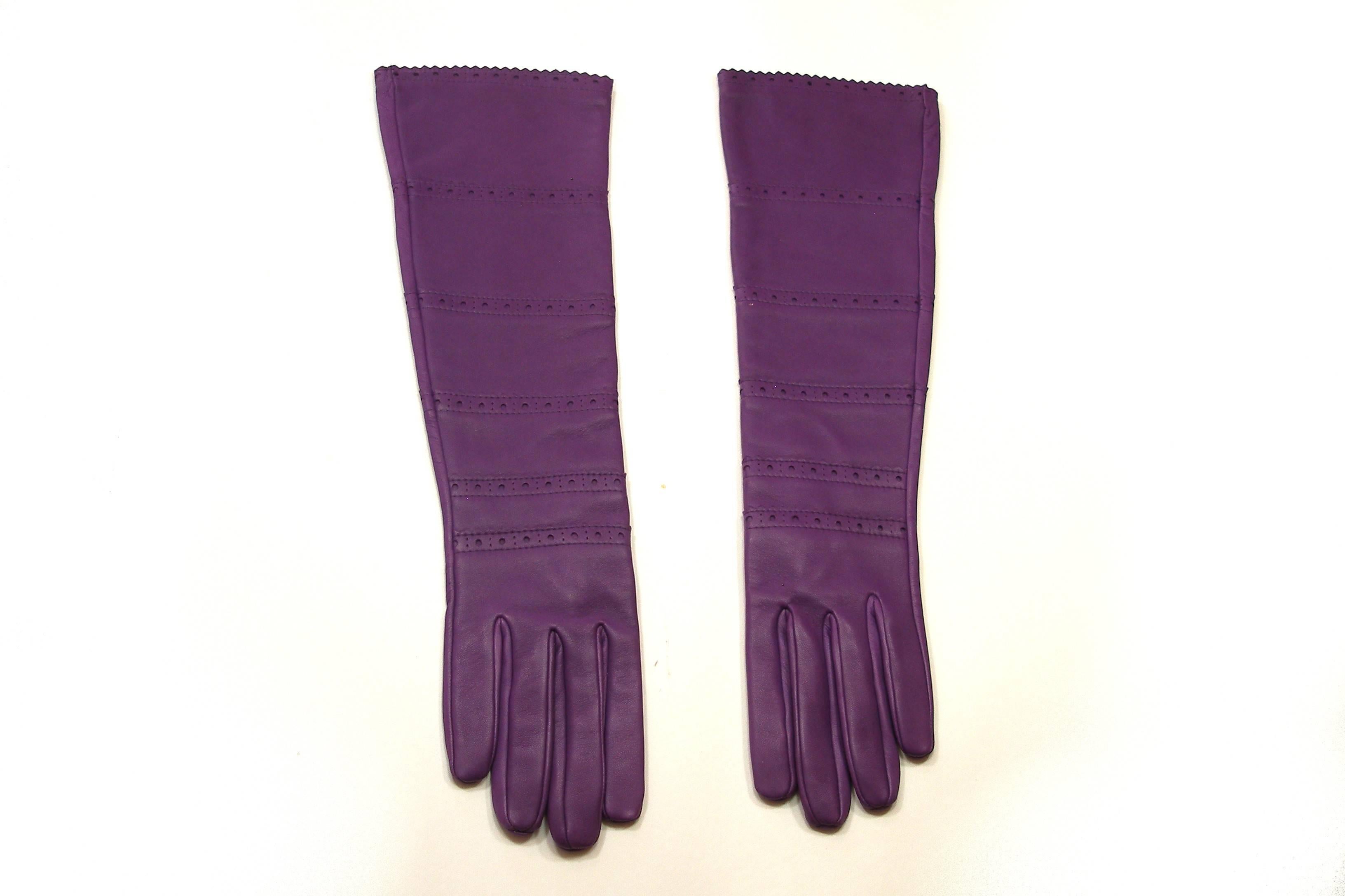 HERMES Ultra Purple leather Long Gloves Size 7.5  / BRAND NEW For Sale 4
