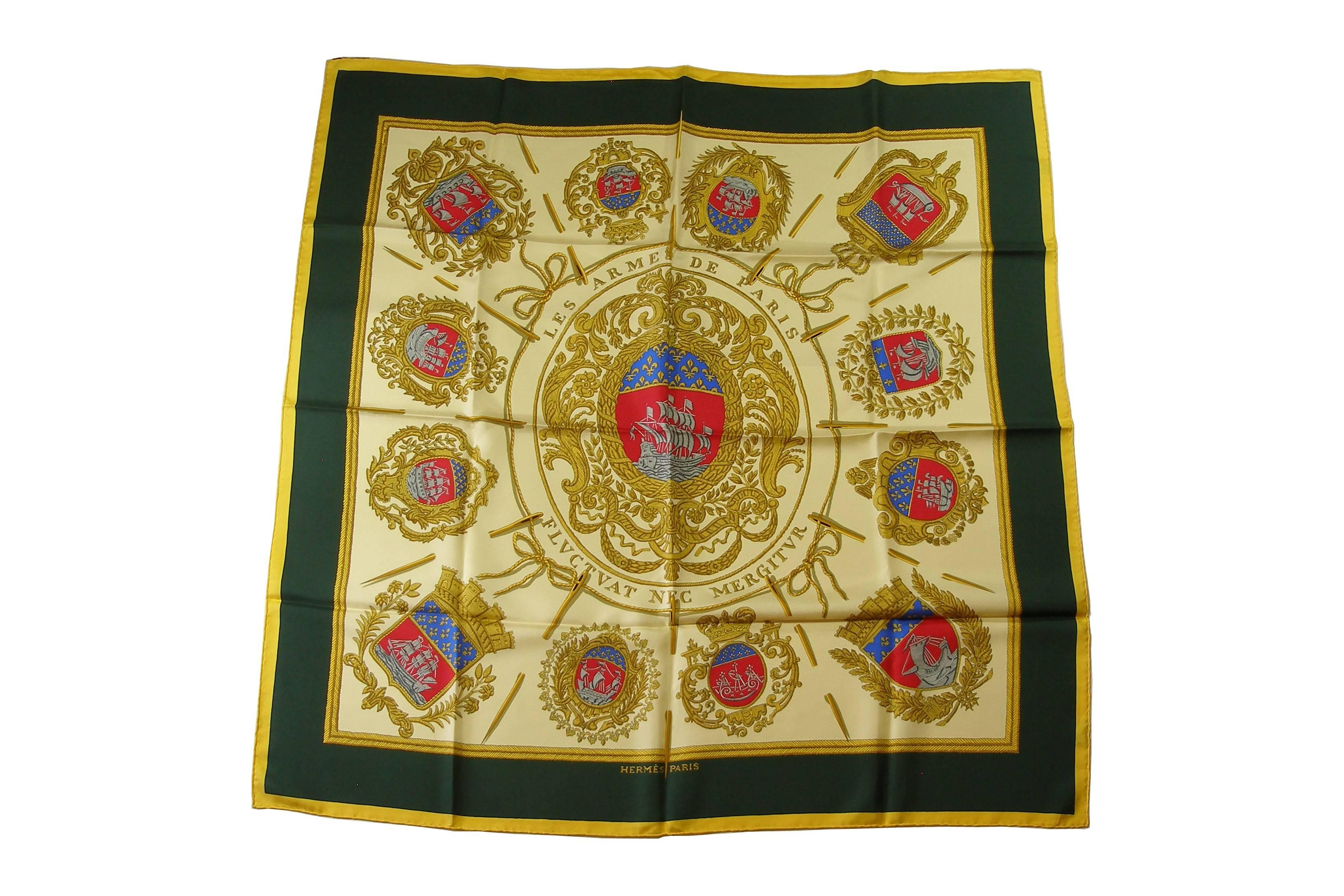 Set 3 Hermès Vintage Scarfs Twill silk 
- 1 Hermès scarf Les Armes de Paris / Green ( Collector ) 
- 1 Hermès scarf Les Arme de Paris / Black  ( Collector ) 
- 1 Hermès Scarf Les Eperons d'Or / Bordeaux 
Please note for Les Eperons d'Or no label