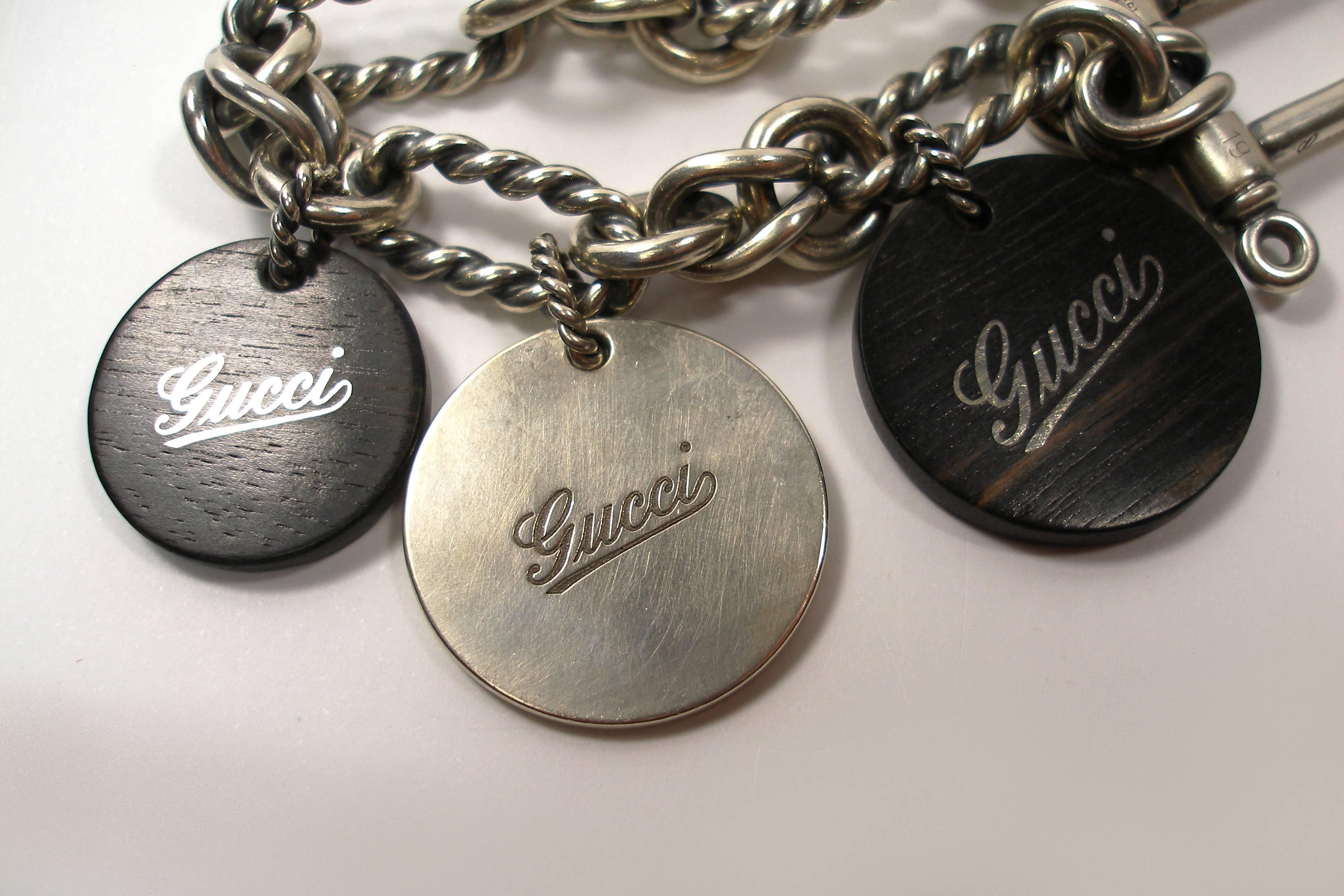 VINTAGE GUCCI SILVER and WOOD CHARM BRACELET / RARE 1
