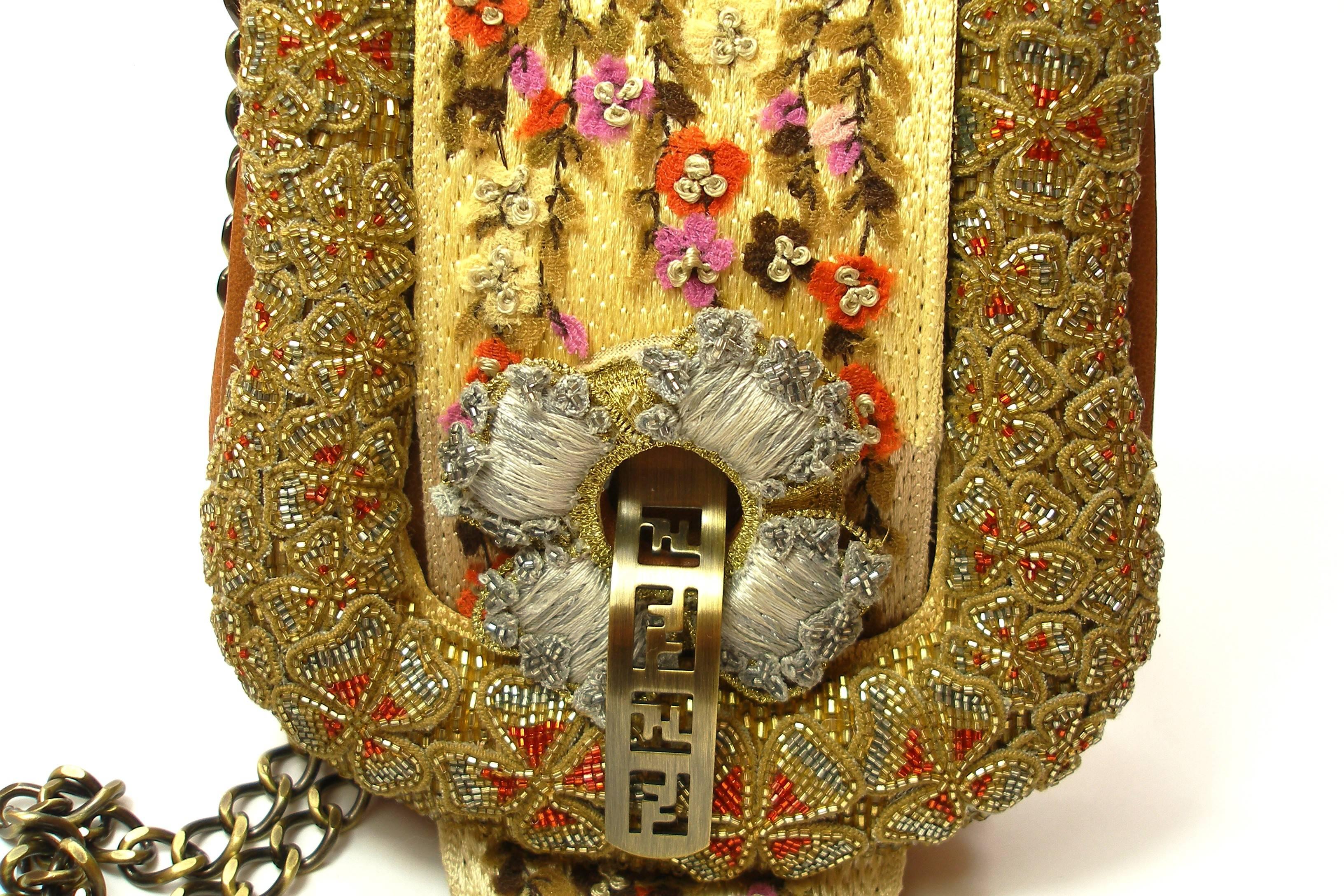 Brown RARE 1990 Limited Edition Fendi Fold Over Chain Embroidered Beaded Handbag For Sale