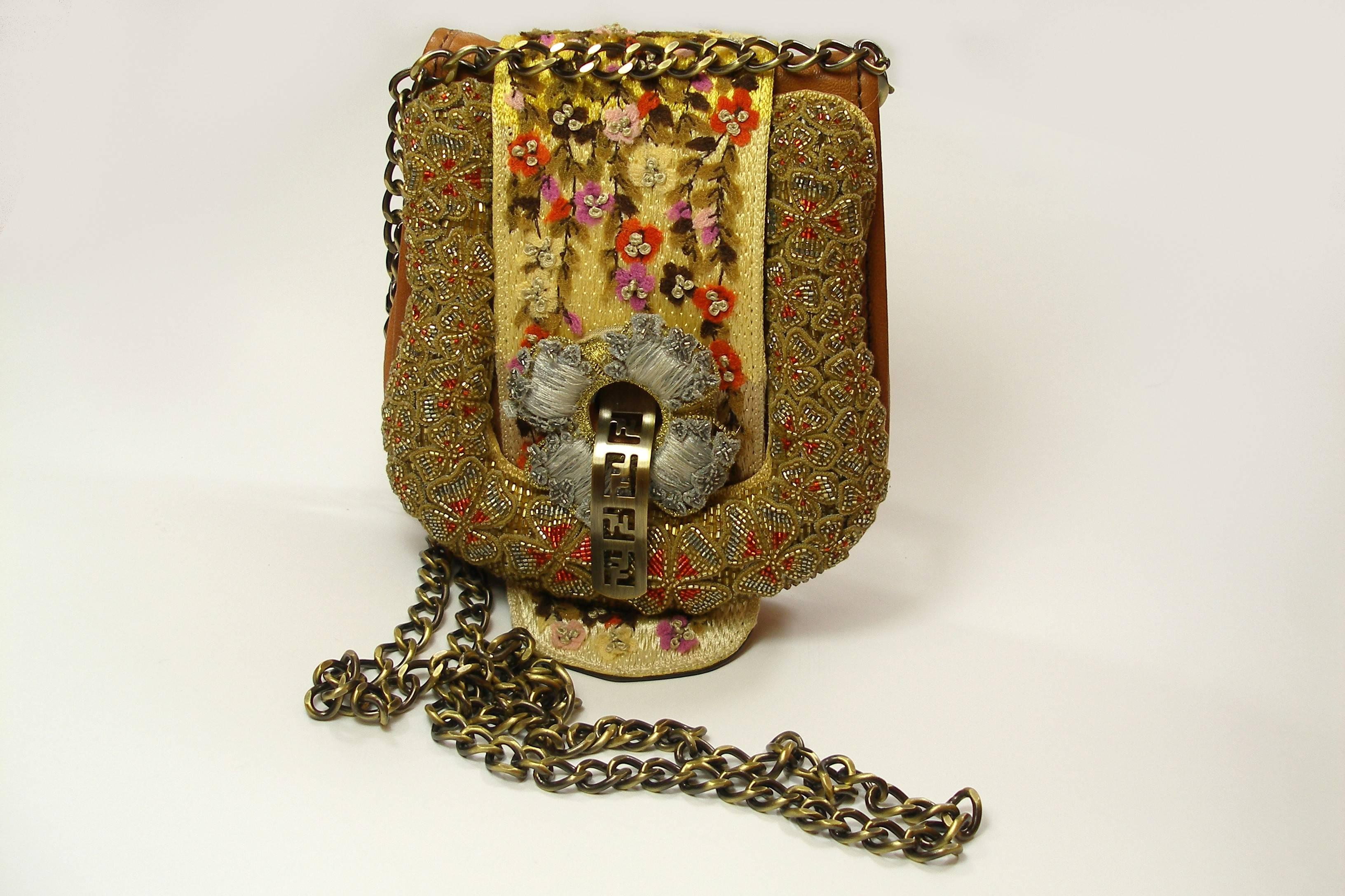 RARE 1990 Limited Edition Fendi Fold Over Chain Embroidered Beaded Handbag For Sale 5