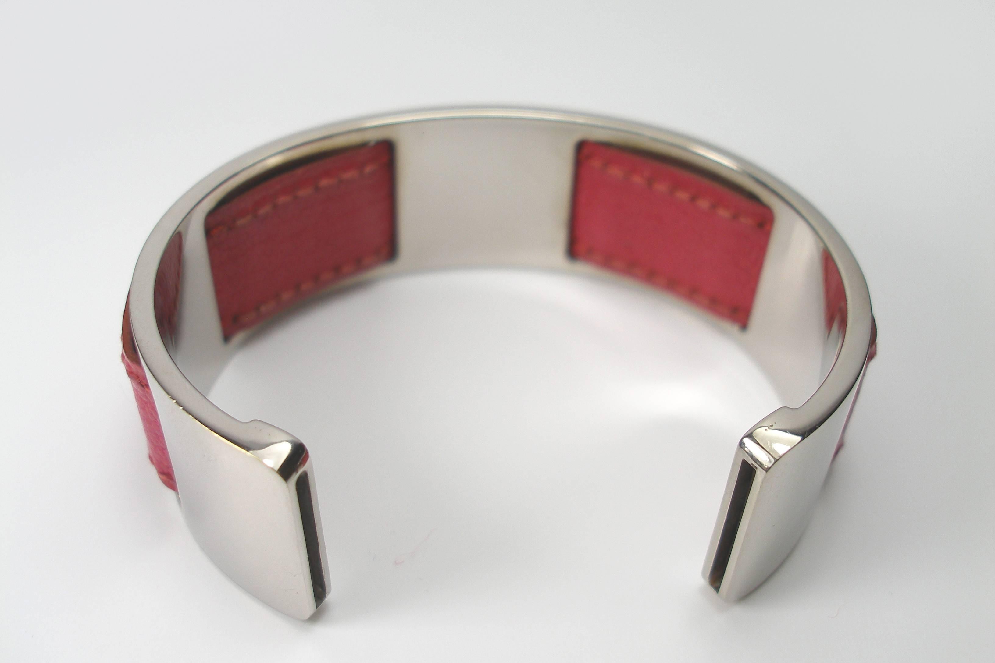 Women's Vintage and Rare Margiela for Hermes Pink Leather and Palladium Cuff Bracelet