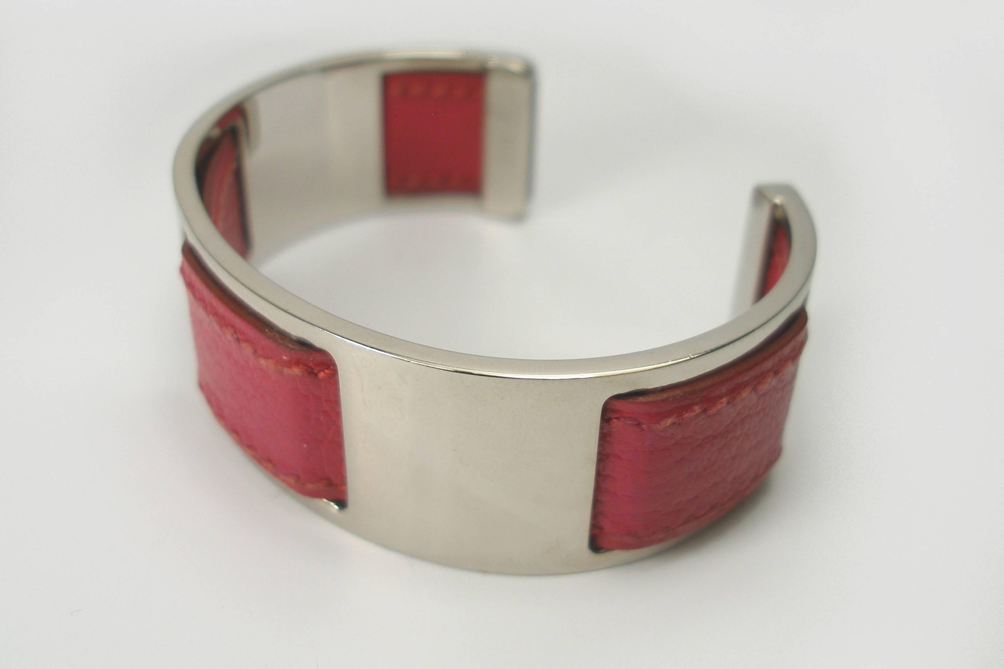 Vintage and Rare Margiela for Hermes Pink Leather and Palladium Cuff Bracelet 2