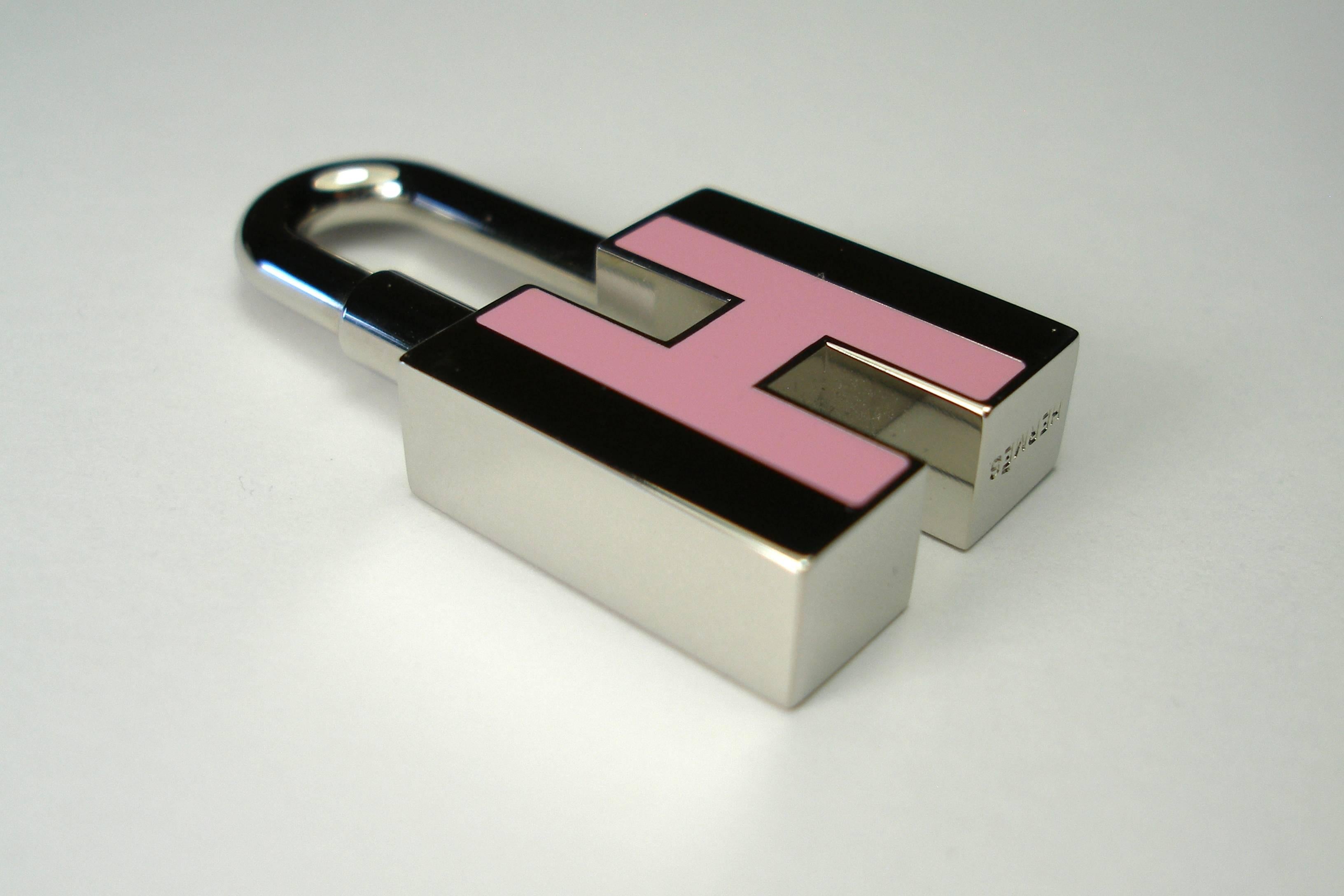 Beige RARE Hermès Pink Enamel and Palladium lock Charm / BRAND NEW