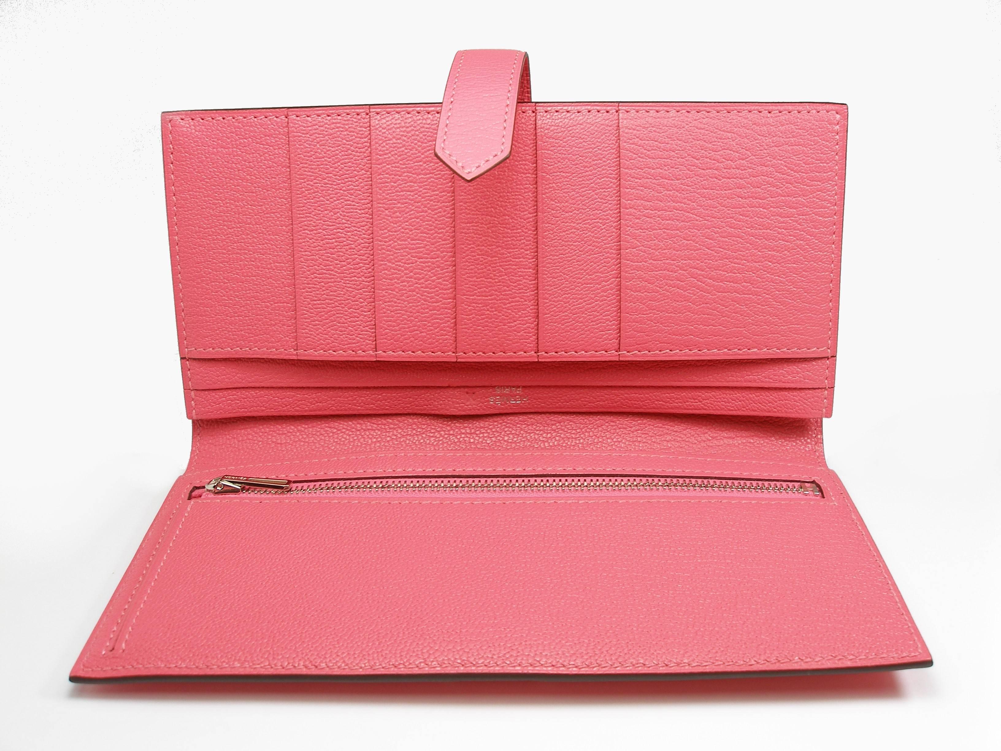 Pink Hermès Béarn Wallet Soufflet Rose Lipstick Leather Chévre Mysore / Brand New