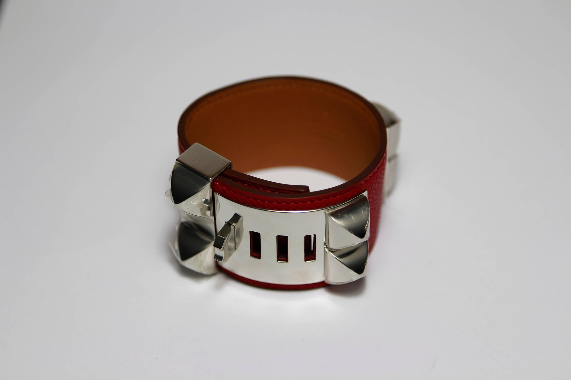 Hermès Collier de Chien Bracelet Epsom Leather Rouge Casaque / BRAND NEW 1