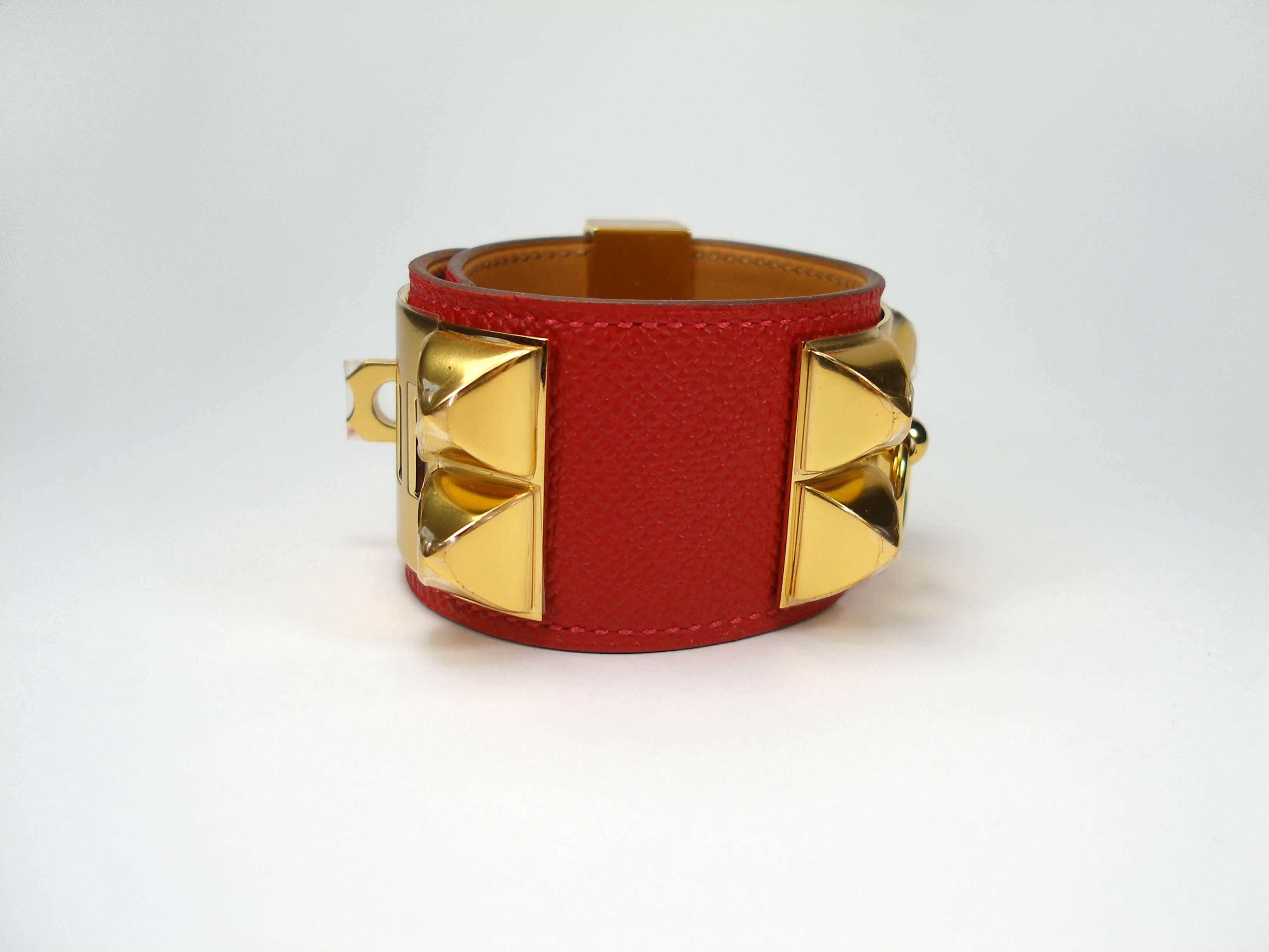 Hermès Collier de Chien Bracelet Epsom Leather Rouge Casaque / BRAND NEW  2