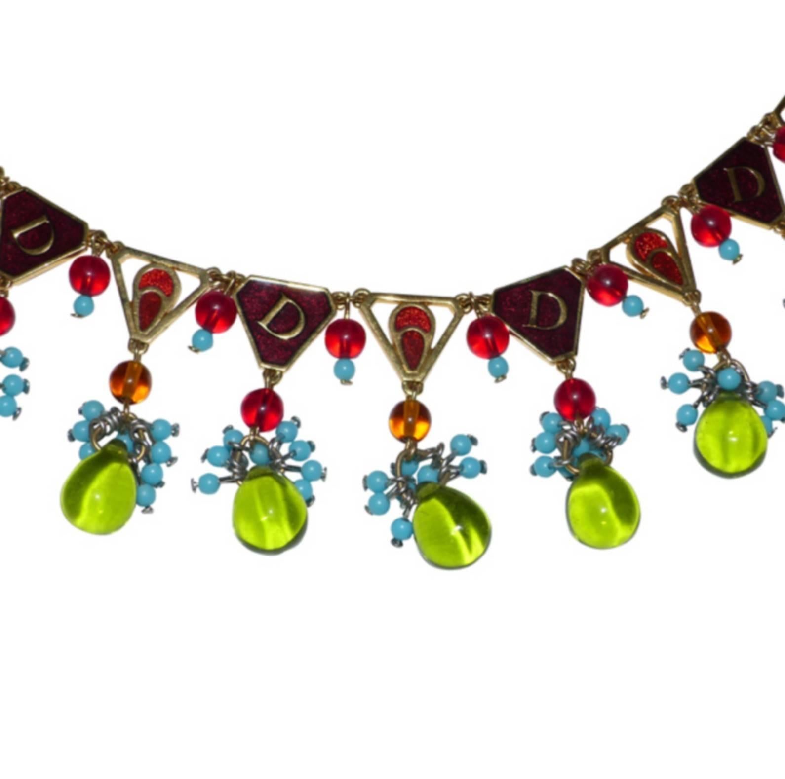 WON-DER-FULL  Christian Dior Necklace in green glass beads red and turquoise  In Good Condition In VERGT, FR