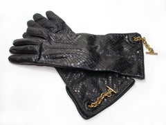Vintage Yves Saint Laurent Black Python and Leather Gloves Size 6 / Like New
