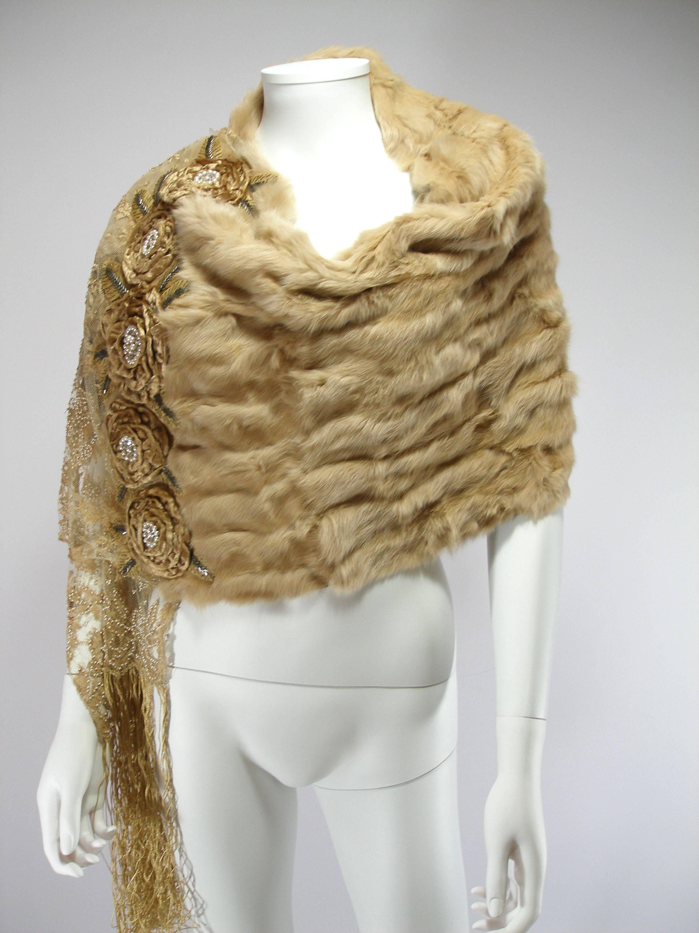 Brown Stunning Limited Edition Valentino Jewel Embellished Lace and Rabbit fur Scarf 
