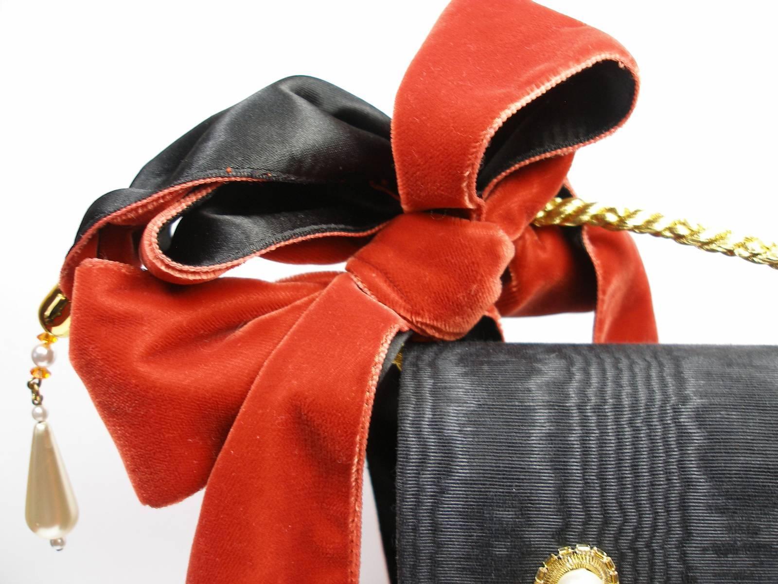 Black Pearl and Velvet Embellished Vintage Evening Bag For Sale