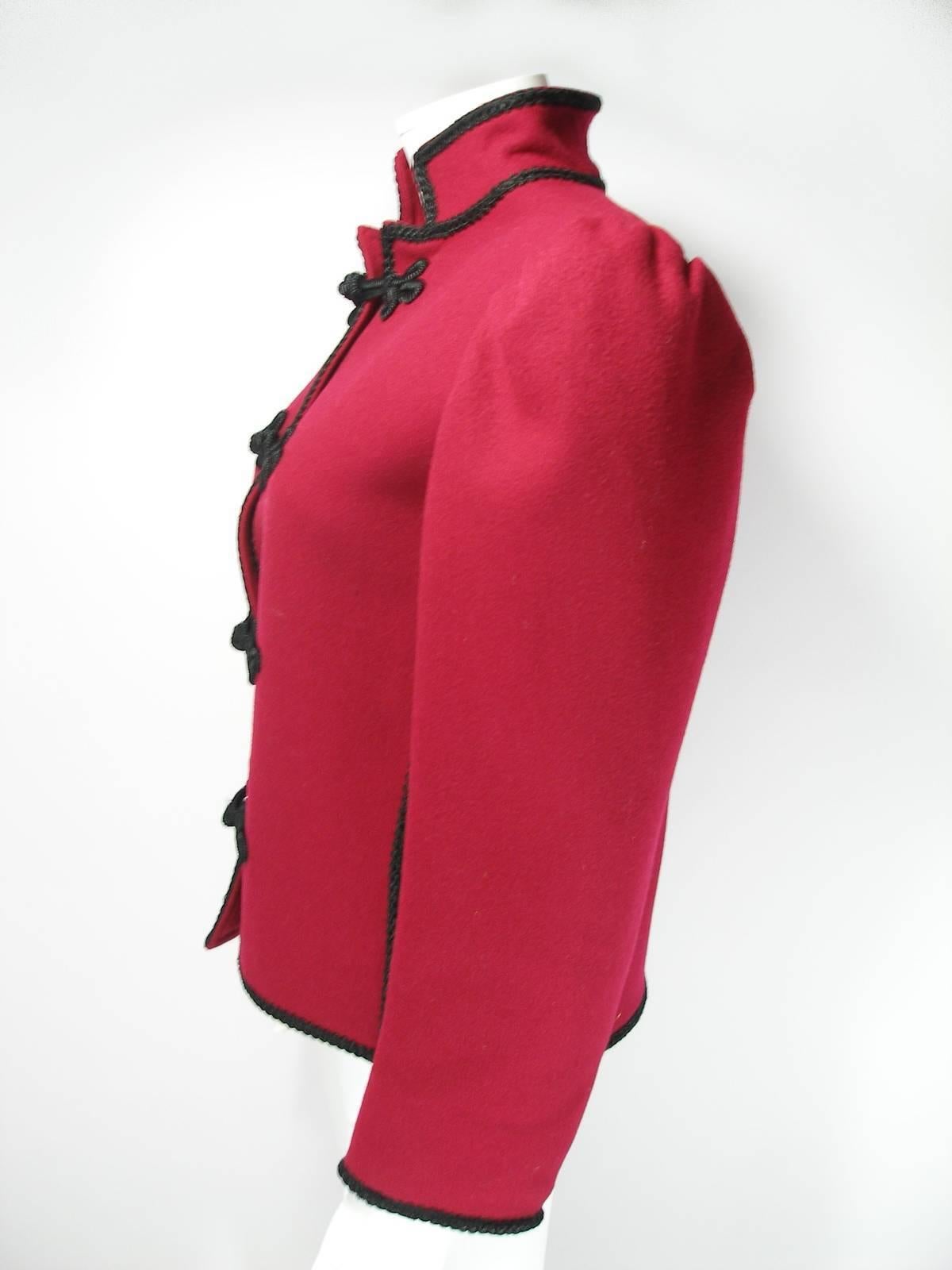 Impossible to find 
Aboluty Collectible 
Yves Saint Laurent, Red / bordeaux color, wool, Russian collection jacket, with puff sleeve, detail, Mandarin collar and black Passementerie trim.
This color is Fantastic ! 
Designer: Yves Saint Laurent
Place
