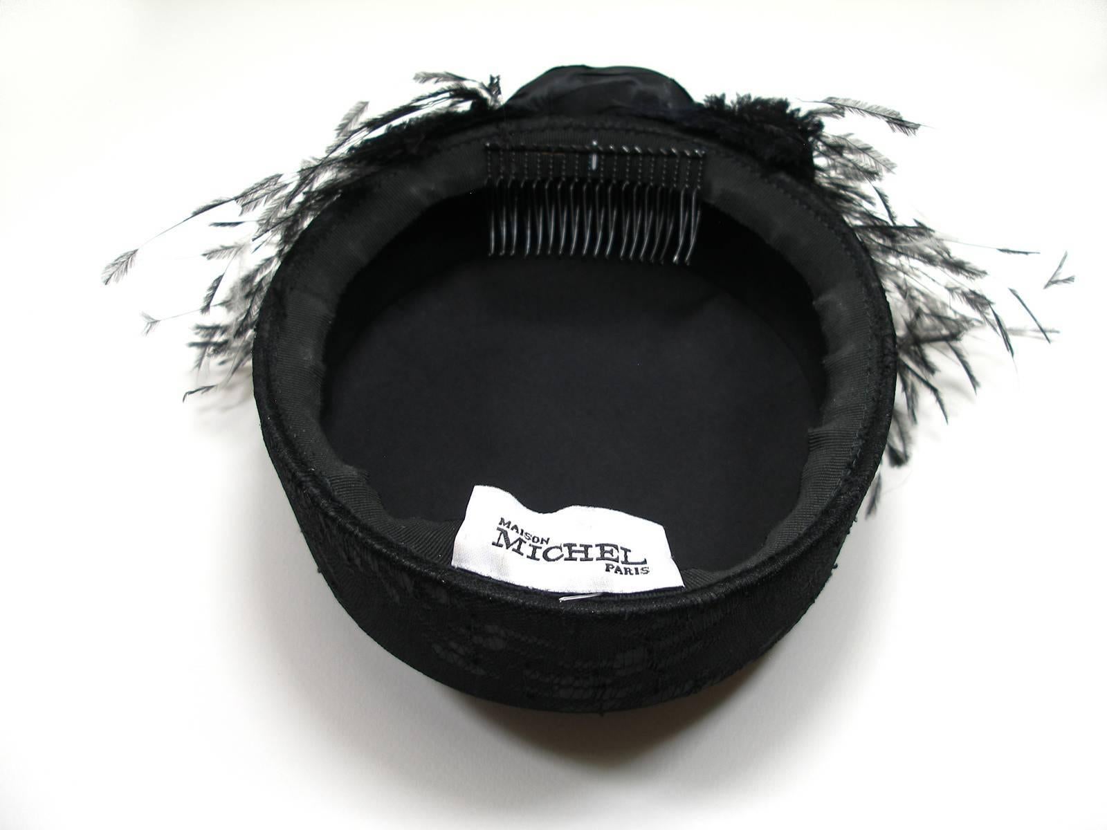 Black Runway Maison Michel Feather and Silk Lace Hat Like S Size  For Sale